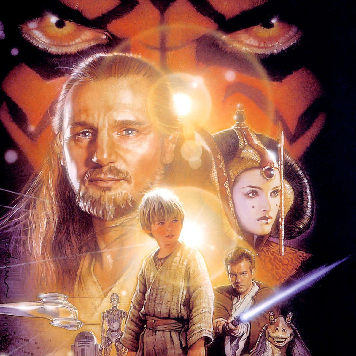 The Phantom Menace 桌布 壁紙 — 一幅戲劇性的星際大戰角色插圖，包括歐比王·肯諾比、路克·天行者、莉亞公主，以及一個揮舞光劍的人物，背景是發光的眼睛。