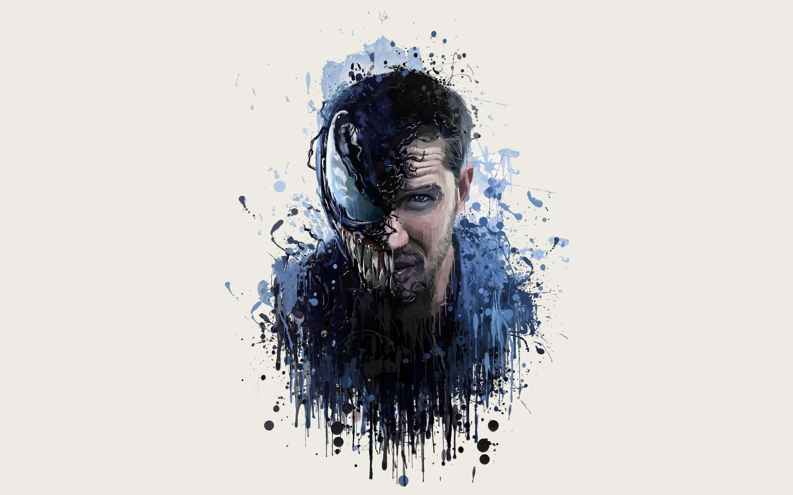 Tom Hardy Venom 桌布 壁紙 — 一幅戲劇性的水彩畫肖像，描繪半人半共生體的毒液，在蒼白背景上有深藍色飛濺。