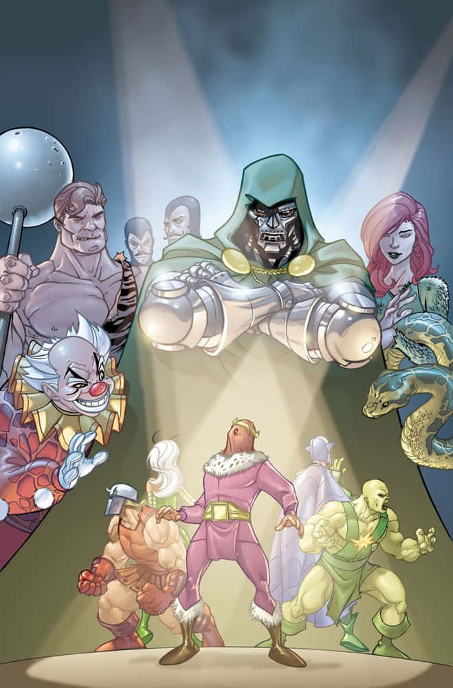 Masters Of Evil 桌布 壁紙 — 一幅戲劇性的漫畫插圖，顯示毀滅博士在聚光燈下站在舞台中央，被他的邪惡手下包圍。