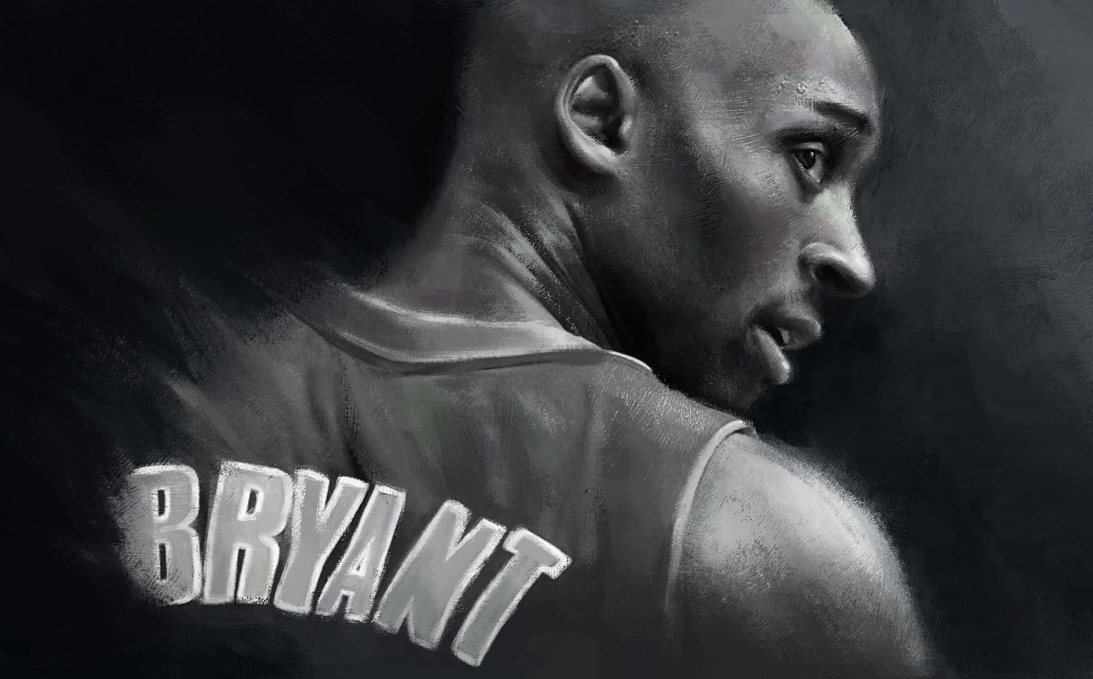 科比· Bryant 桌布 壁紙 — 一幅戲劇性的炭筆風格肖像，描繪高比·拜仁穿著球衣，在黑暗煙霧背景中越過肩膀凝視。