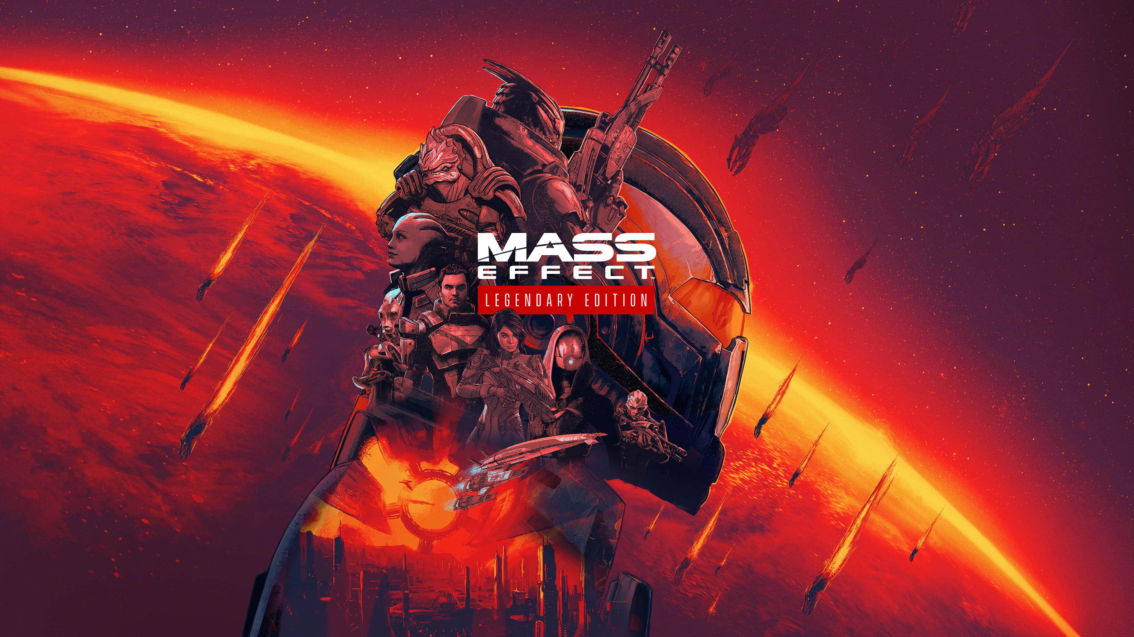 質量效應 桌布 壁紙 — 一幅戲劇性的科幻藝術作品，描繪《Mass Effect》角色站在熾熱的紅色行星前，太空船飛過。