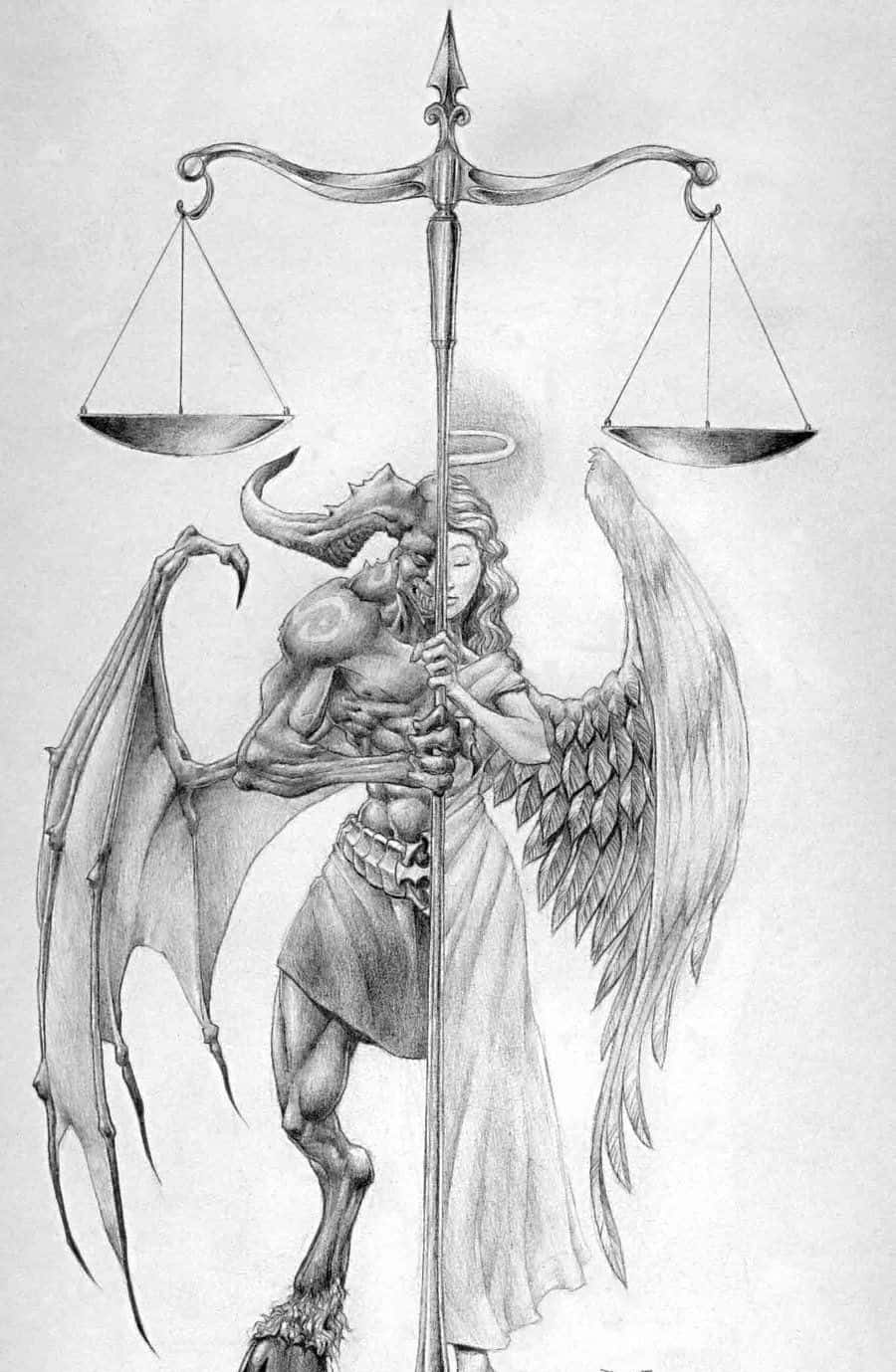邪惡 桌布 壁紙 — 一幅戲劇性的鉛筆畫，描繪有翼天使與惡魔擁抱並手持平衡的天秤。