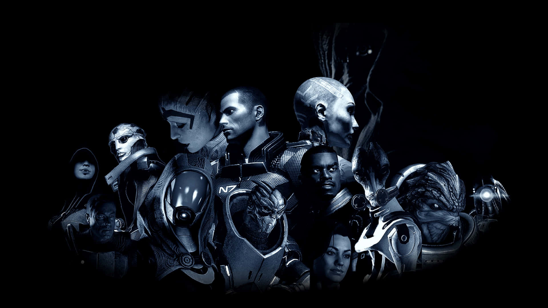 Mass Effect Characters 桌布 壁紙 — 一幅戲劇性的黑白拼貼畫，描繪了多種科幻角色穿著未來裝甲，背景是黑色虛空。