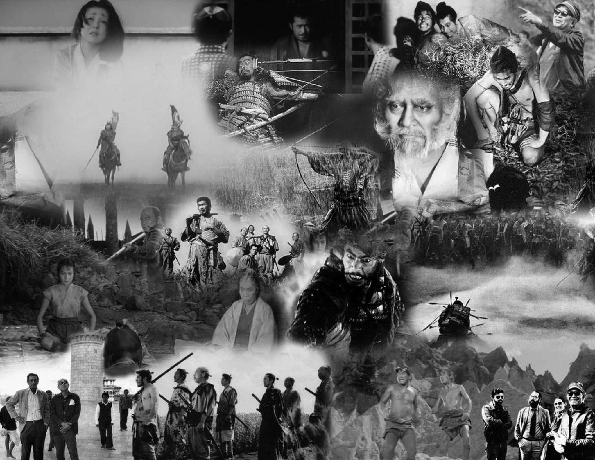 Akira Kurosawa 桌布 壁紙 — 一幅戲劇性的黑白拼貼畫，描繪日本武士和歷史人物在戰鬥與沉思中的場景。