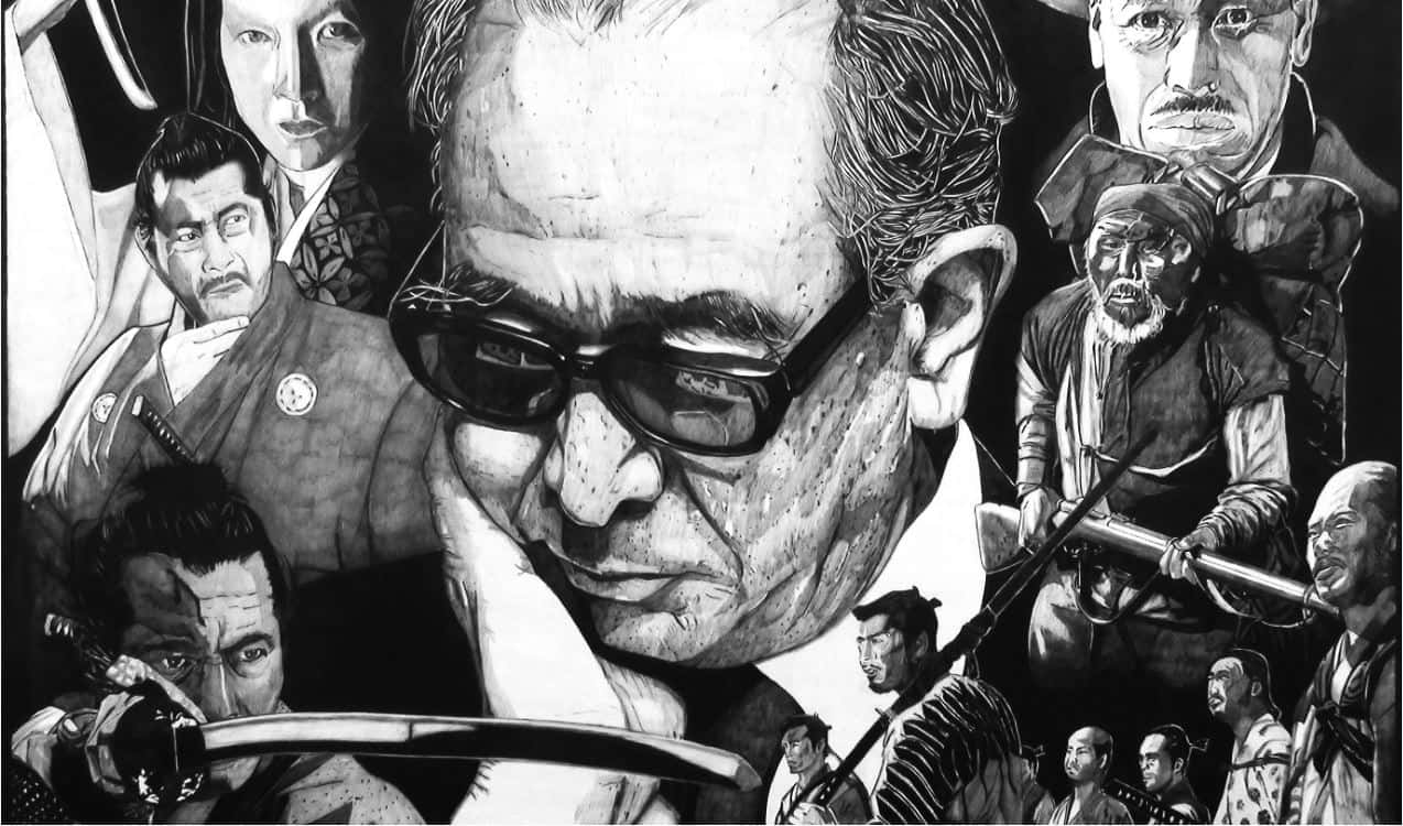 Akira Kurosawa 桌布 壁紙 — 一幅戲劇性的黑白插圖，描繪一位戴太陽眼鏡的中心男子，被手持劍、表情嚴肅的強烈歷史人物包圍。