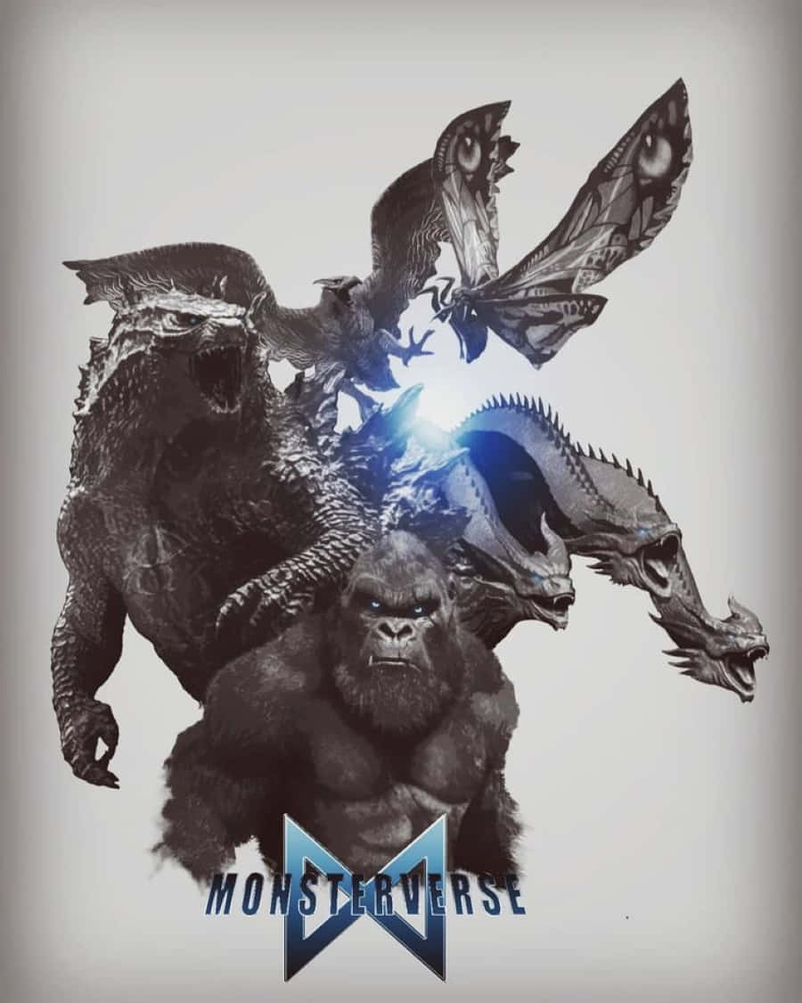 Monsterverse 桌布 壁紙 — 一幅戲劇性的黑白插圖，描繪哥斯拉金剛被其他散發藍色光芒的怪獸包圍。