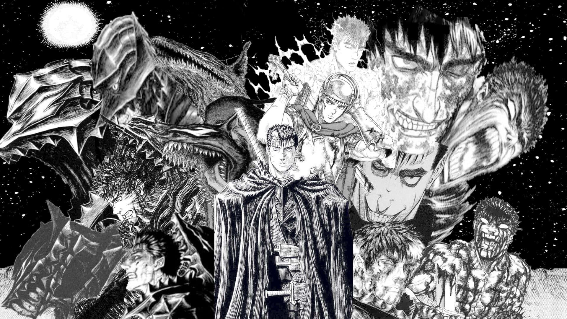 漫畫分鏡gif 桌布 壁紙 — 一幅戲劇性的黑白漫畫插圖，描繪一位中央戰士在繁星點點的天空和明亮月亮下被怪物般的敵人包圍。