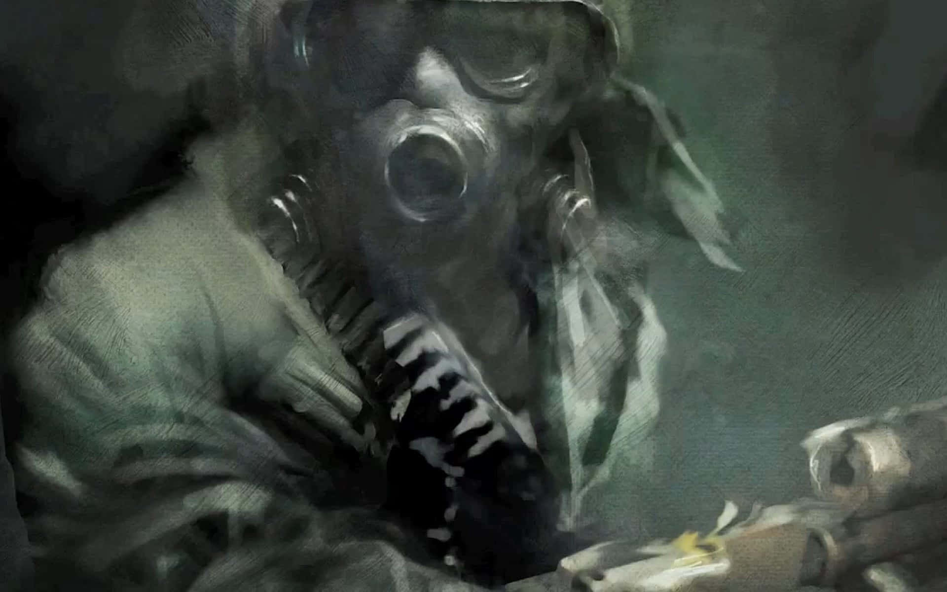 一幅戴著防毒面具的士兵持槍的畫作 壁紙