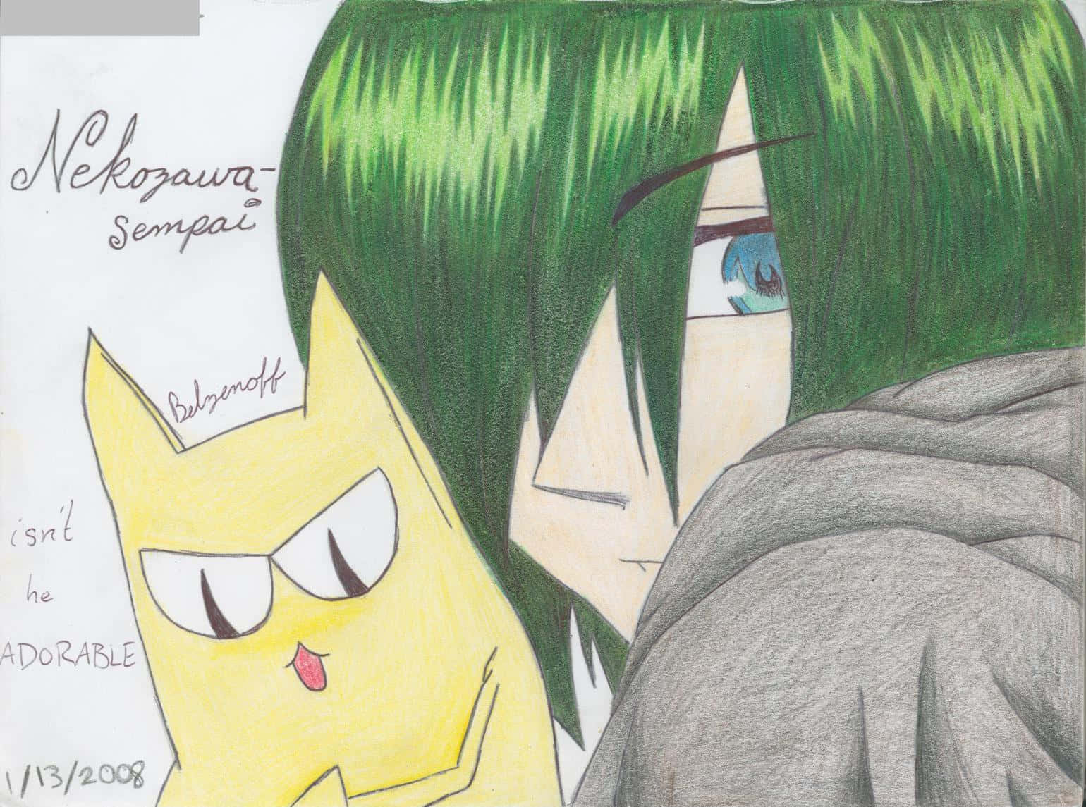 Umehito Nekozawa 桌布 壁紙 — 一幅手繪動漫風格插圖，描繪一個綠色頭髮的角色，旁邊有一隻黃色貓咪般的生物。