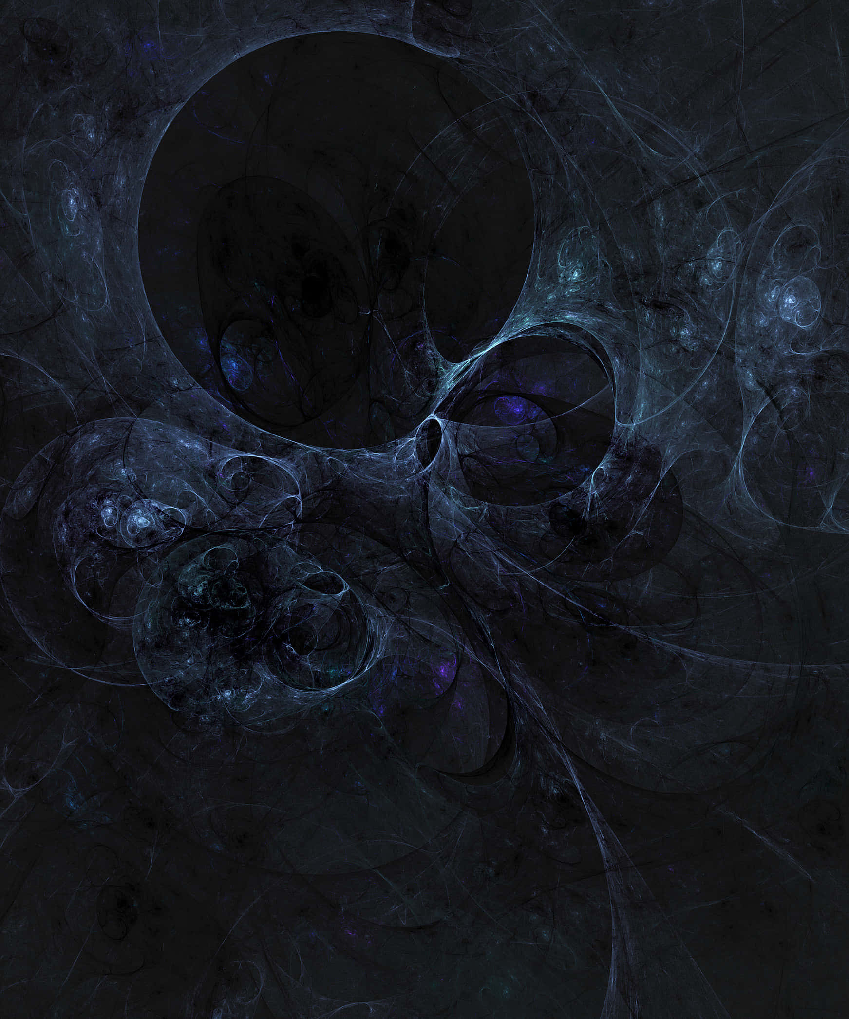 Dark Energy 桌布 壁紙 — 一幅抽象數位藝術作品，呈現深藍色和黑色漩渦狀分形圖案，帶有發光的紫色點綴。