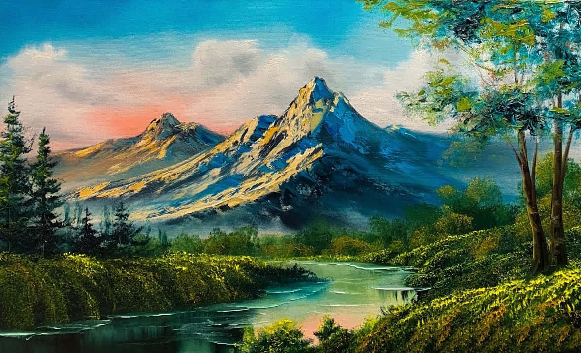 一幅抽象藝術作品 壁紙 — 一幅充滿活力的油畫，描繪日落時分白雪覆蓋的山脈，前景有蜿蜒的河流和茂密的綠樹。