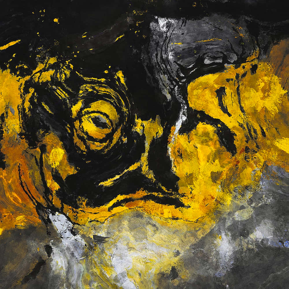 Yellow Art 桌布 壁紙 — 一幅抽象表現主義繪畫將大膽的黃色、黑色和灰色紋理旋轉成動態混亂的構圖。
