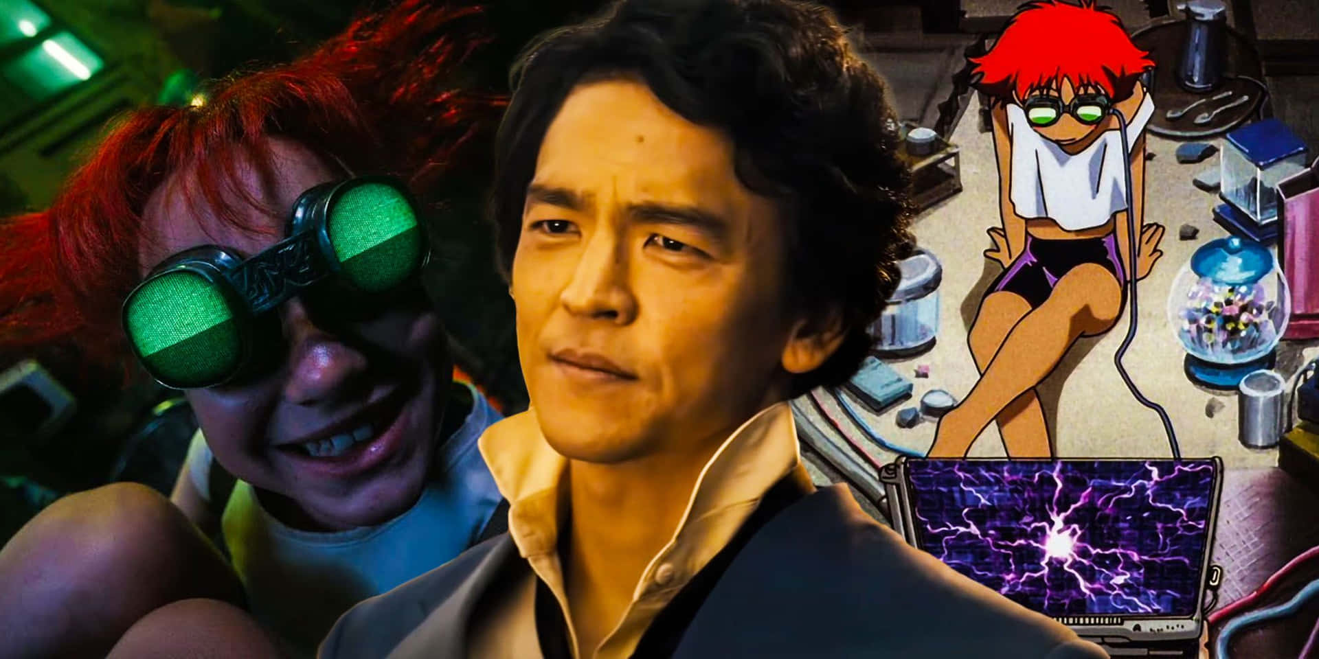 Cowboy Bebop Edward 桌布 壁紙 — 一幅拼貼畫，包含一個真實男人、一個紅髮動漫女孩和一個戴綠色護目鏡的角色，身處充滿科技設備且設備發光的房間。