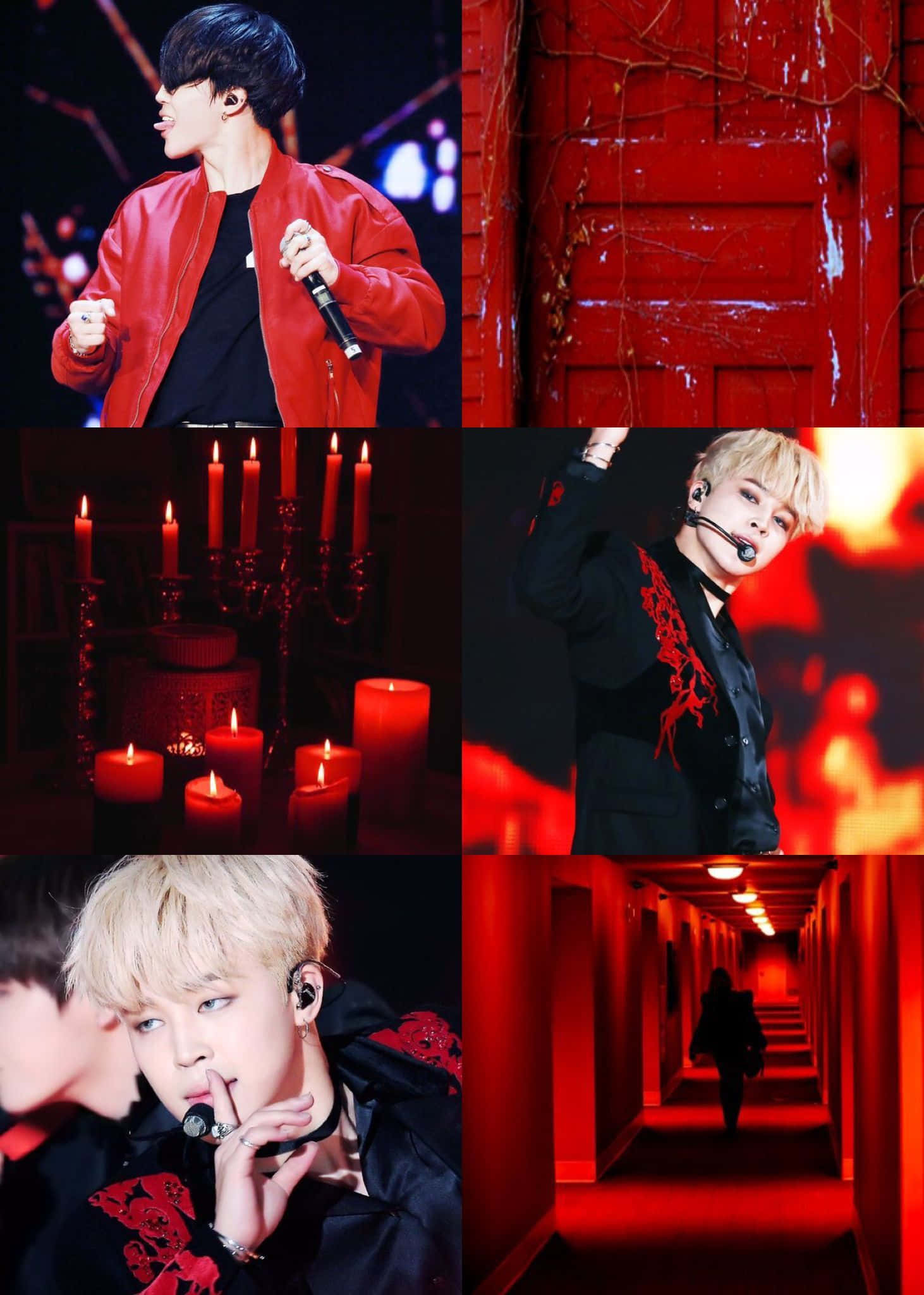 Jimin Aesthetic 桌布 壁紙 — 一幅拼貼畫，展示一位身穿紅色皮褸的表演者在舞台上、昏暗紅光中的蠟燭，以及一個在紅光走廊中行走的身影。