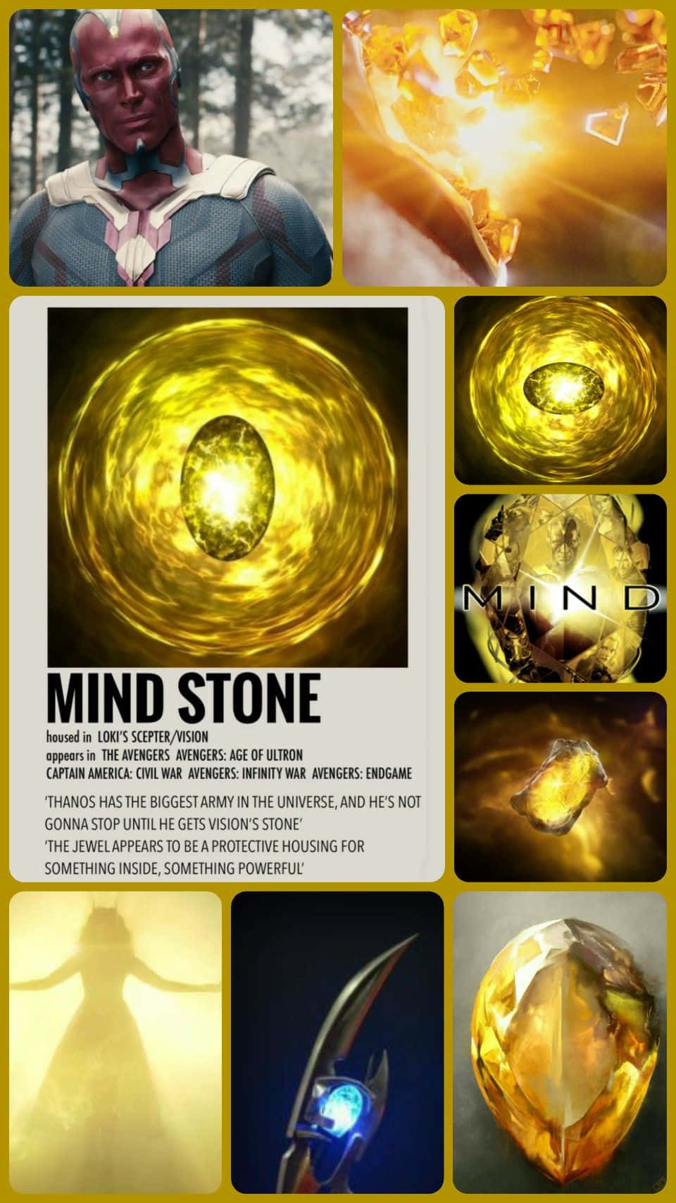 Mind Stone 桌布 壁紙 — 一幅拼貼畫，展示了來自漫威的發光金色神器——心靈寶石，以多種形式和背景呈現，包括幻視的胸膛、旋轉的漩渦和特寫鏡頭。