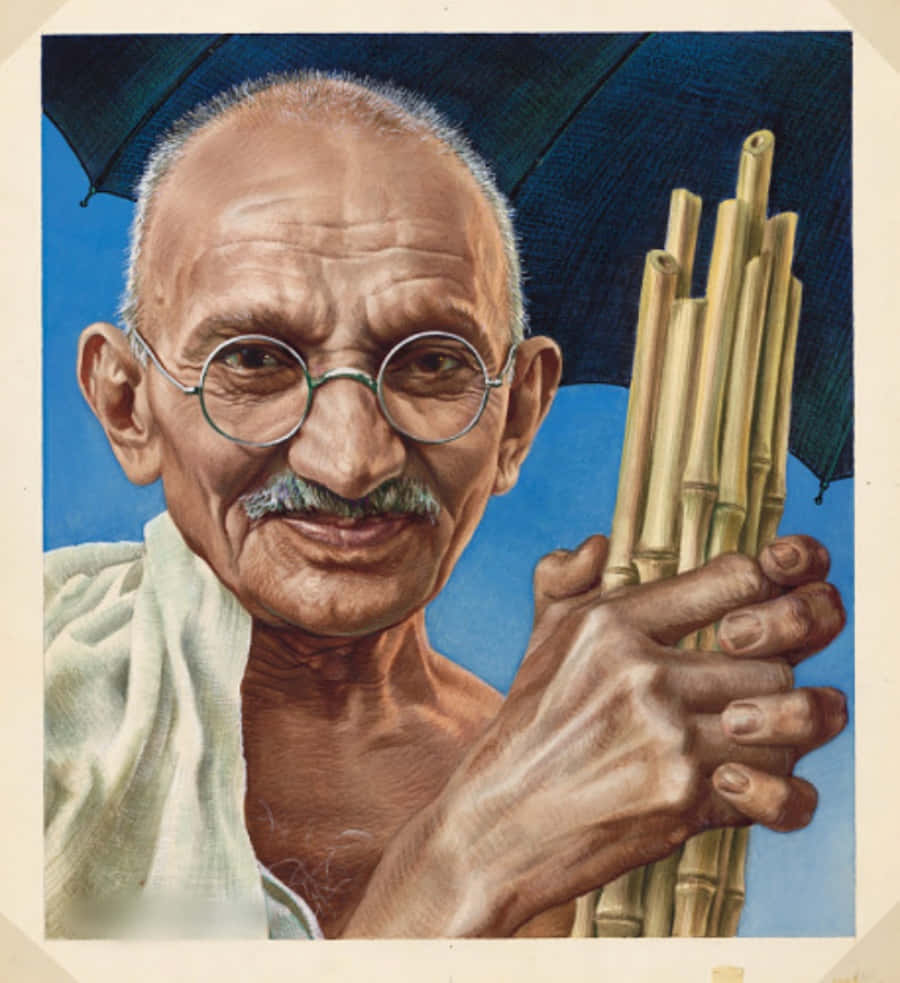 Mahatma Gandhi 桌布 壁紙 — 一幅描繪聖雄甘地嘅畫像，喺明亮藍天背景下，喺深色遮下面揸住竹枝。