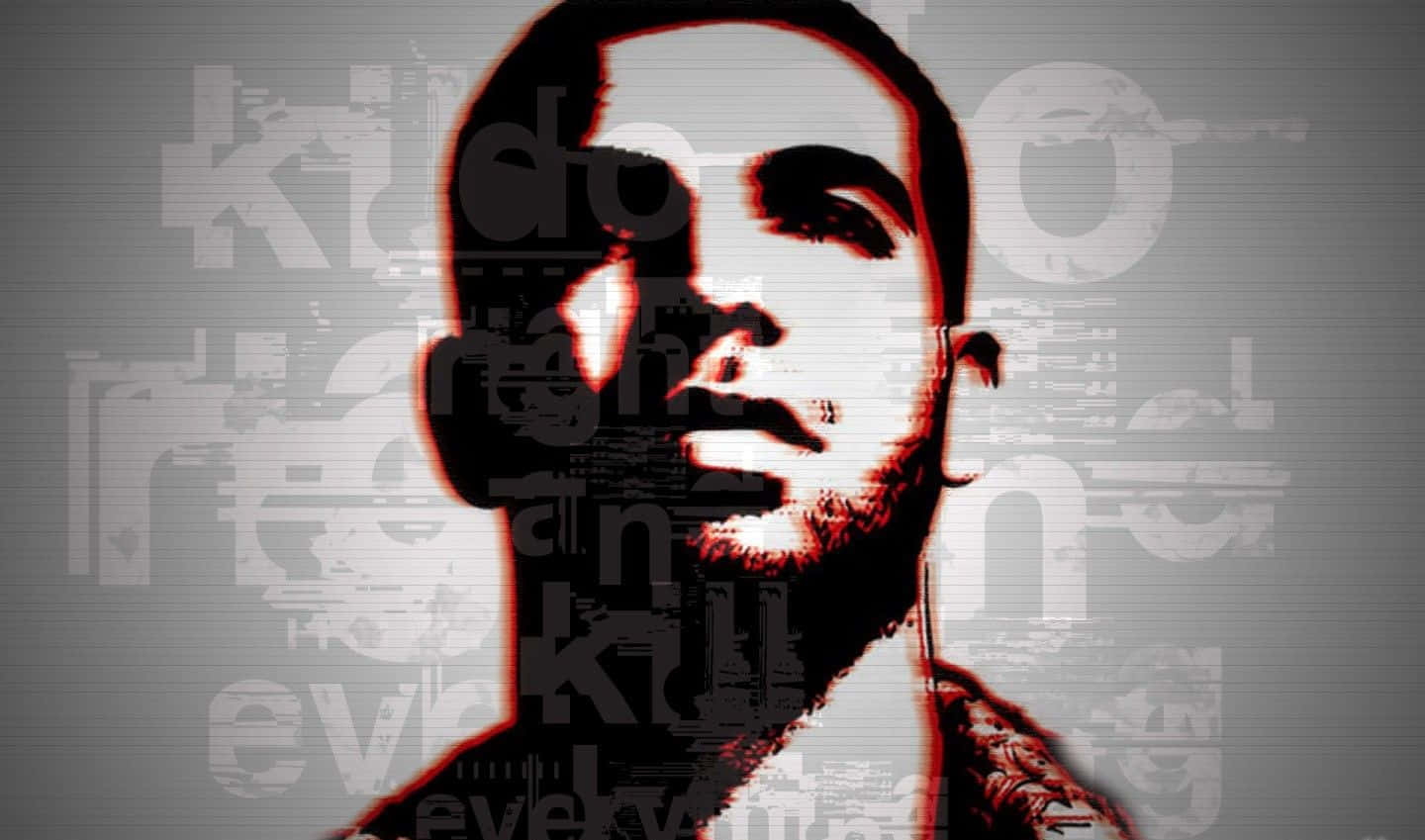 Drake 桌布 壁紙 — 一幅故障藝術風格的男士肖像，帶有紅色輪廓和碎片化文字疊加在灰色背景上。