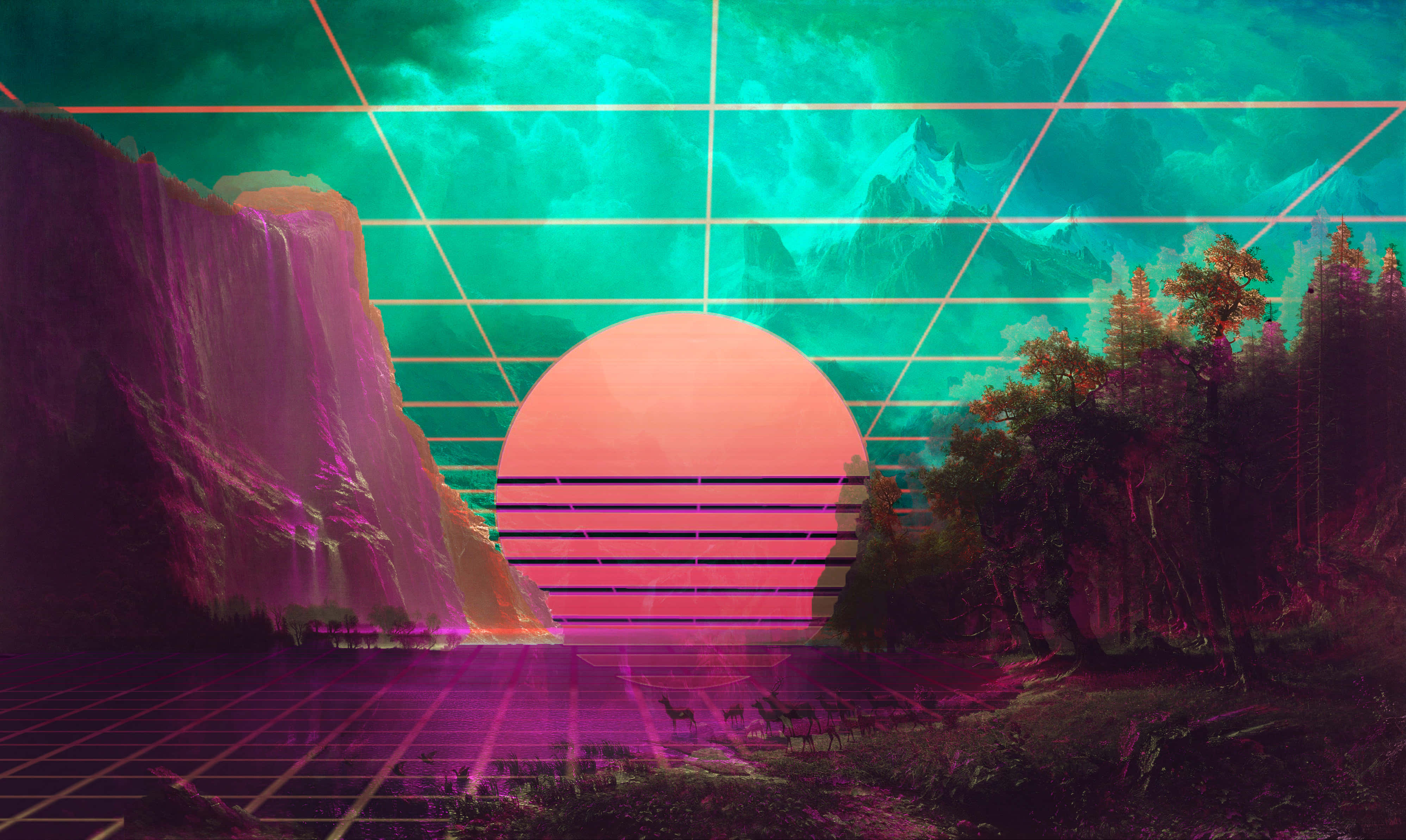 一幅數位繪畫，森林中央有一輪太陽 壁紙