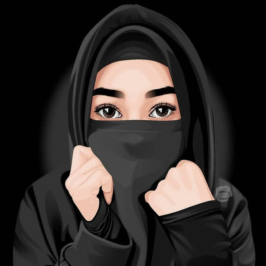 muslim 桌布 壁紙 — 一幅數碼插圖，描繪一位戴著黑色頭巾、眼神銳利、握緊拳頭的女性，背景為深色。