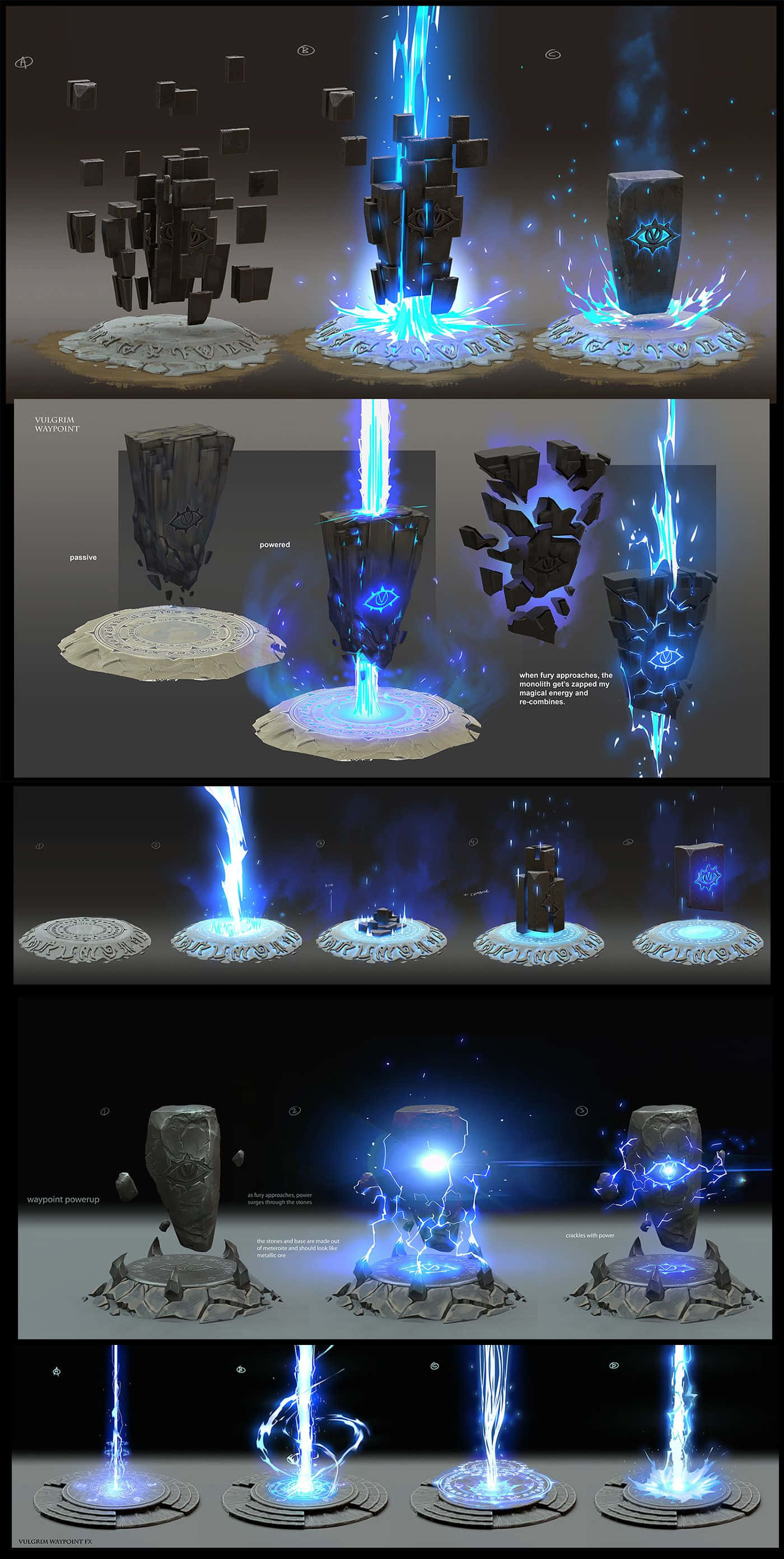 Game Animation 桌布 壁紙 — 一幅數碼概念藝術拼貼，展示發光藍色能量柱和石柱，帶有魔法效果和詳細的設計迭代。