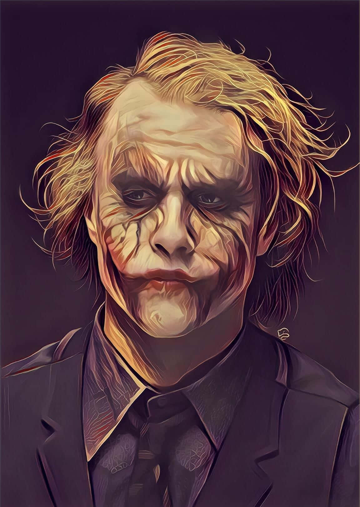 Joker Painting 桌布 壁紙 — 一幅數碼繪製的小丑肖像，凌亂的金色頭髮和塗抹的白色臉部顏料，背景為深紫色。