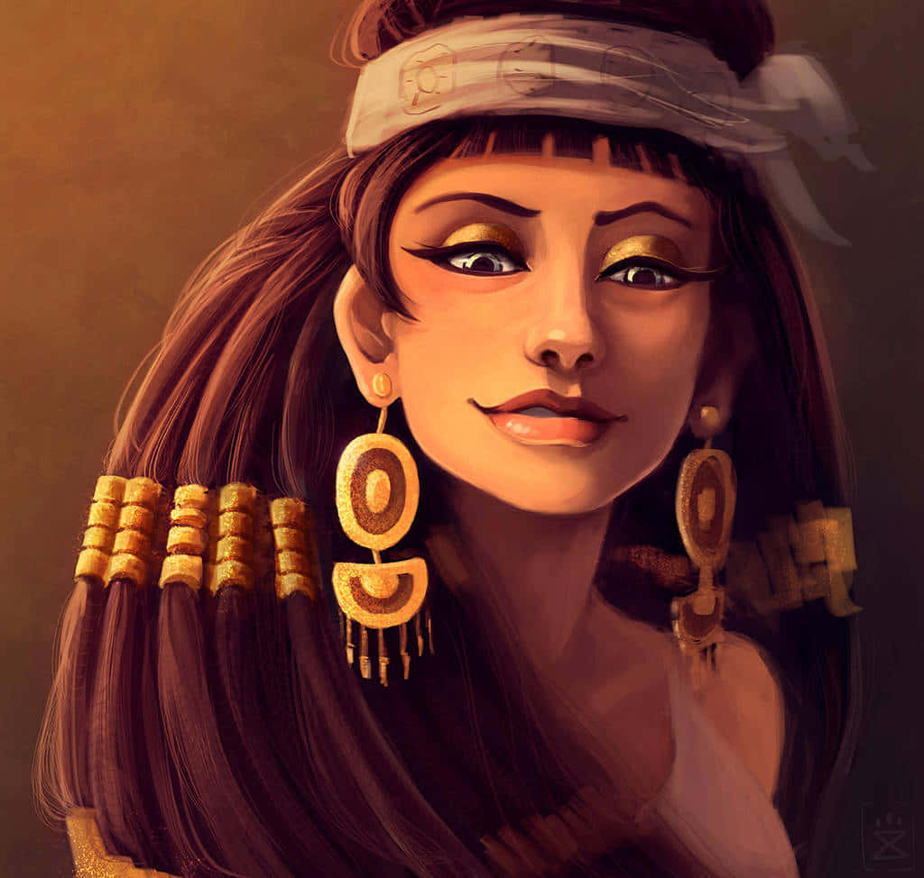Cleopatra 桌布 壁紙 — 一幅數碼繪製的肖像畫，描繪一位古埃及女性，畫有金色眼妝，戴著華麗的圈形耳環，背景為溫暖的棕色。