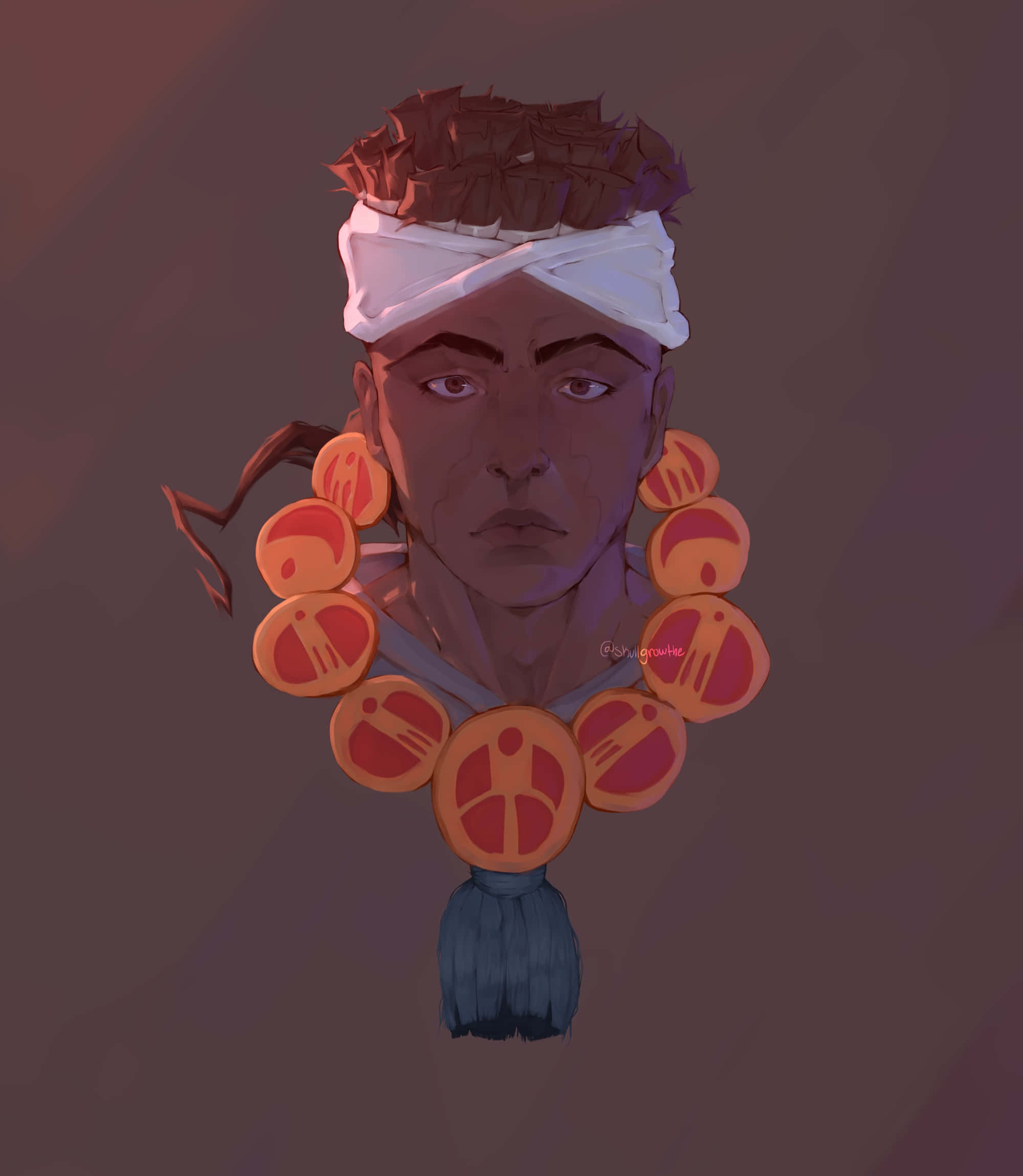 Muhammad Avdol 桌布 壁紙 — 一幅數碼肖像，人物戴著白色頭帶和大型橙色圓形耳環，背景為柔和的棕色。