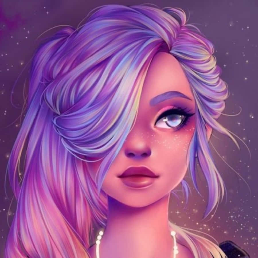 可愛少女風gif 桌布 壁紙 — 一幅數碼肖像，描繪一位年輕女性，擁有飄逸的紫色和粉紅色頭髮，背景是星光燦爛的宇宙。