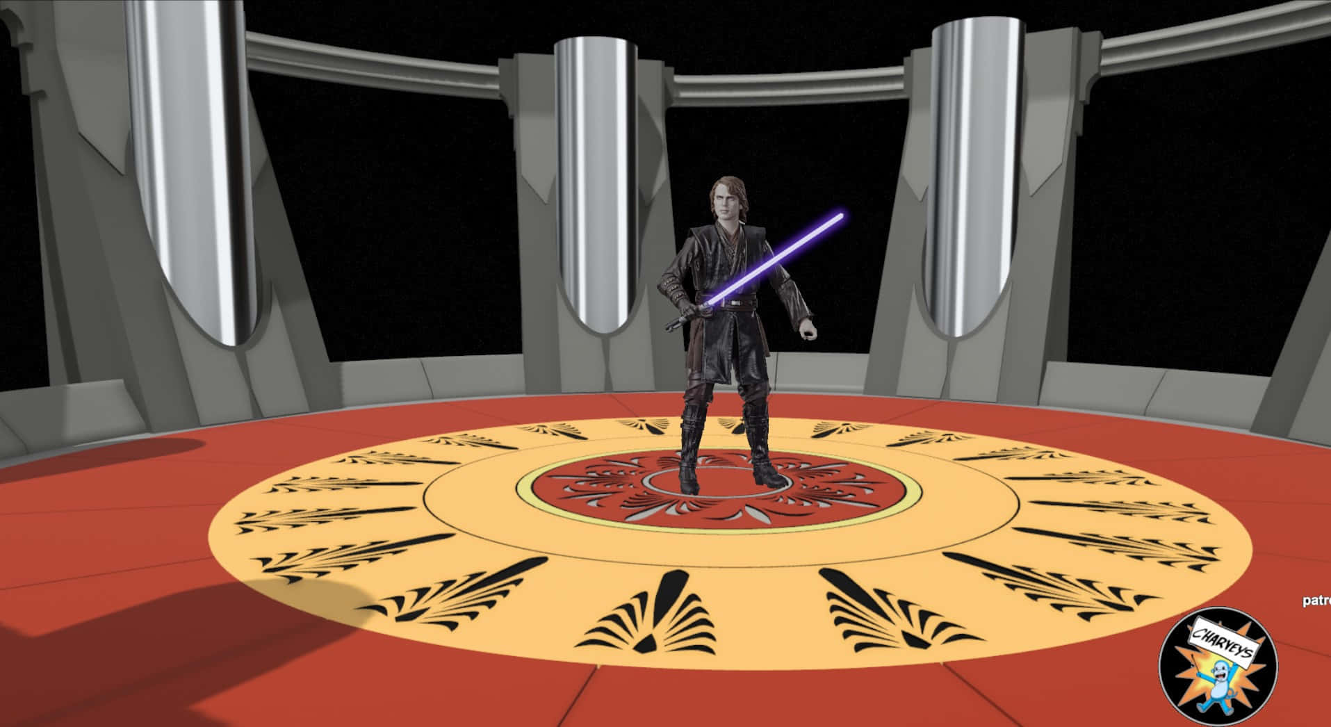 Jedi Council 桌布 壁紙 — 一幅數碼藝術描繪，一名絕地武士在未來風格的房間中，於圓形紅金圖案平台上揮舞紫色光劍。