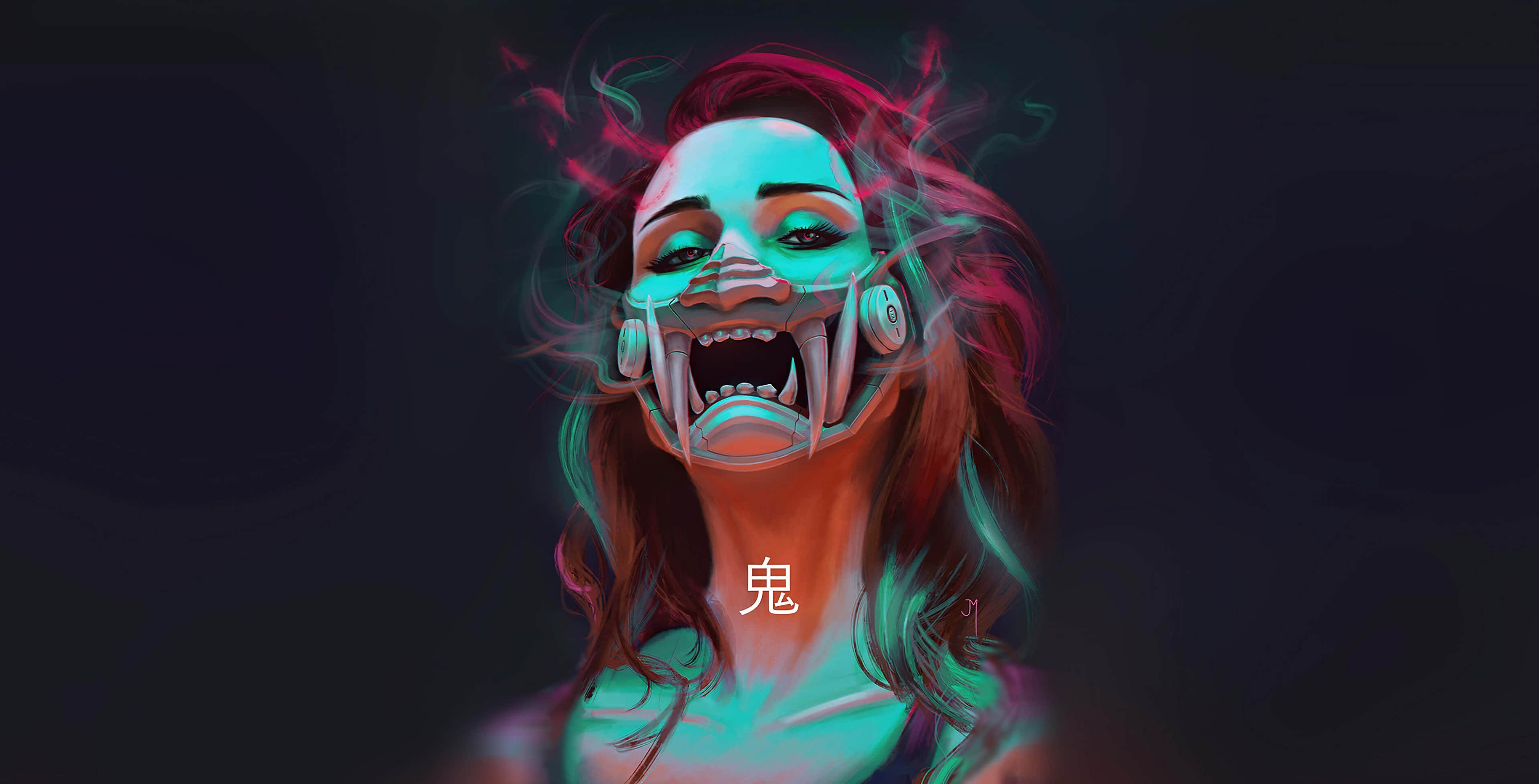 Yokai 桌布 壁紙 — 一幅數碼藝術肖像畫，描繪一位擁有發光青色和洋紅色頭髮的女性，在黑暗背景下戴著機械狼面具。