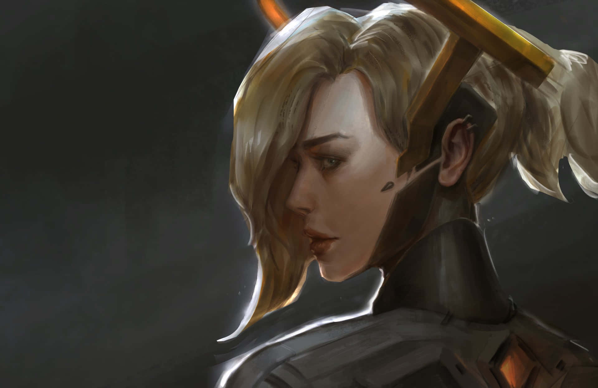 Overwatch Mercy 桌布 壁紙 — 一幅數碼藝術肖像畫，描繪一位金髮女戰士身穿盔甲，手持發光的橙色武器，背景陰暗且充滿氣氛。