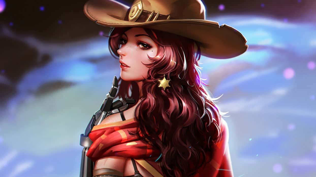 Overwatch Mccree 桌布 壁紙 — 一幅數碼藝術肖像畫，描繪一位長紅髮女性戴著牛仔帽和星星耳環，背景是宇宙藍色。