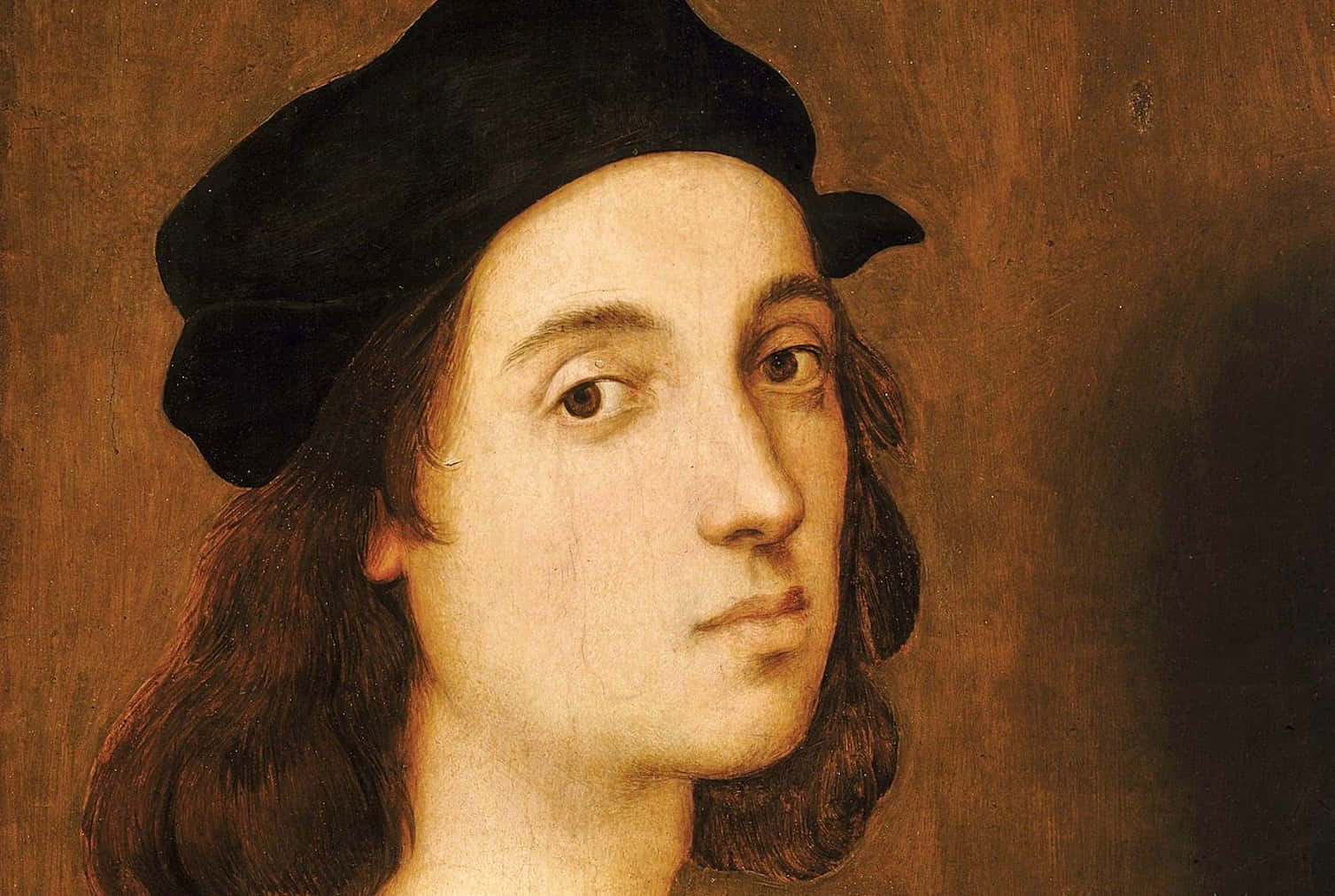Renaissance 桌布 壁紙 — 一幅文藝復興時期的油畫肖像，描繪一位黑髮、戴黑色貝雷帽的年輕男子，背景為溫暖的棕色。