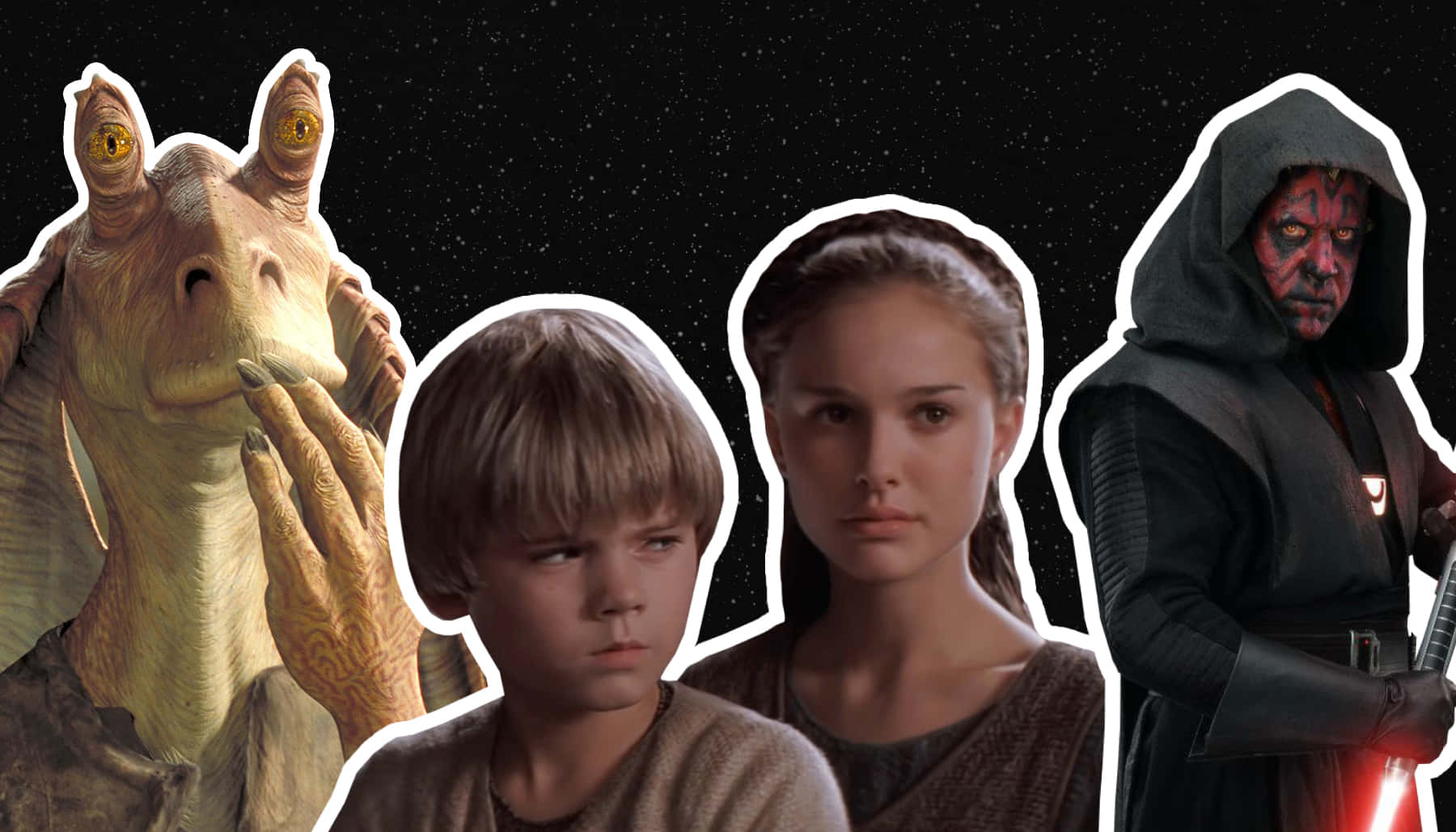 The Phantom Menace 桌布 壁紙 — 一幅星際大戰角色拼貼畫，包括班薩、男孩、女孩和達斯·摩爾，背景是星空宇宙。