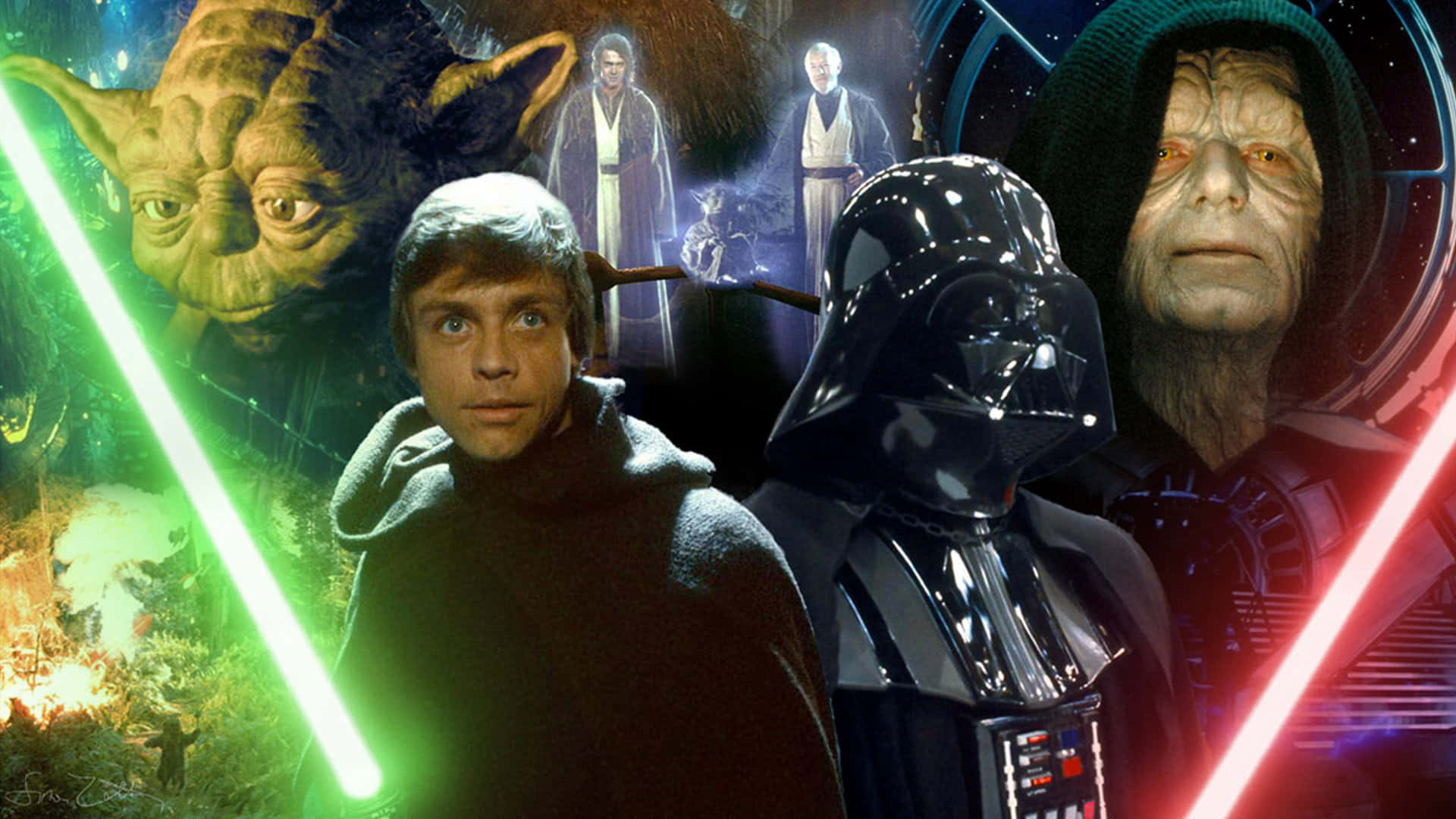 Return Of The Jedi 桌布 壁紙 — 一幅星際大戰角色拼貼畫，包括路克·天行者、達斯·維達、尤達和帕爾帕廷皇帝，配有發光的光劍。