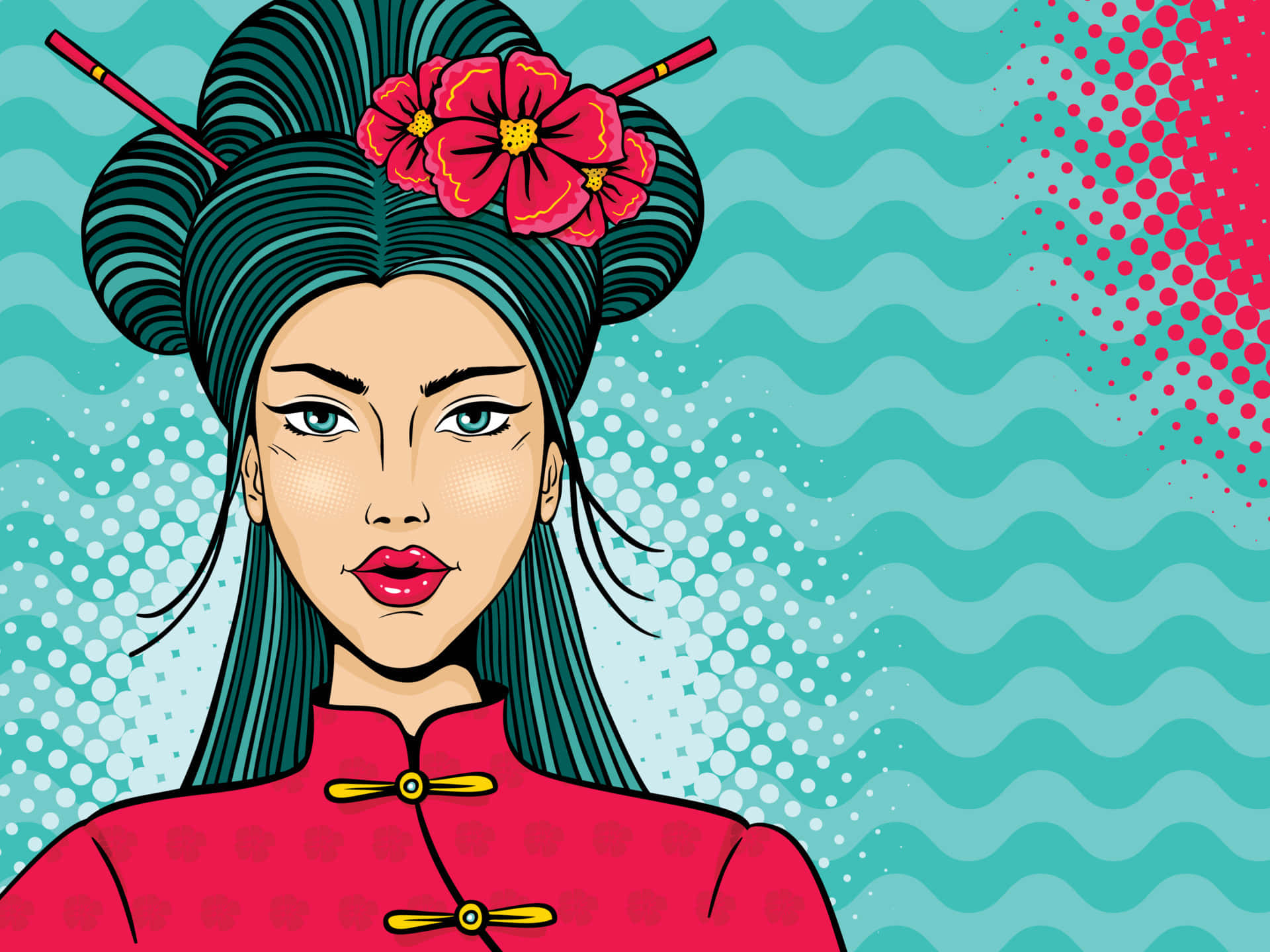 Japanese Pop Art 桌布 壁紙 — 一幅普普藝術插圖，描繪一位女性，她將青綠色頭髮盤成髮髻，飾以紅花，身穿紅色傳統上衣，背景為帶有半色調圓點的青綠色波浪紋。