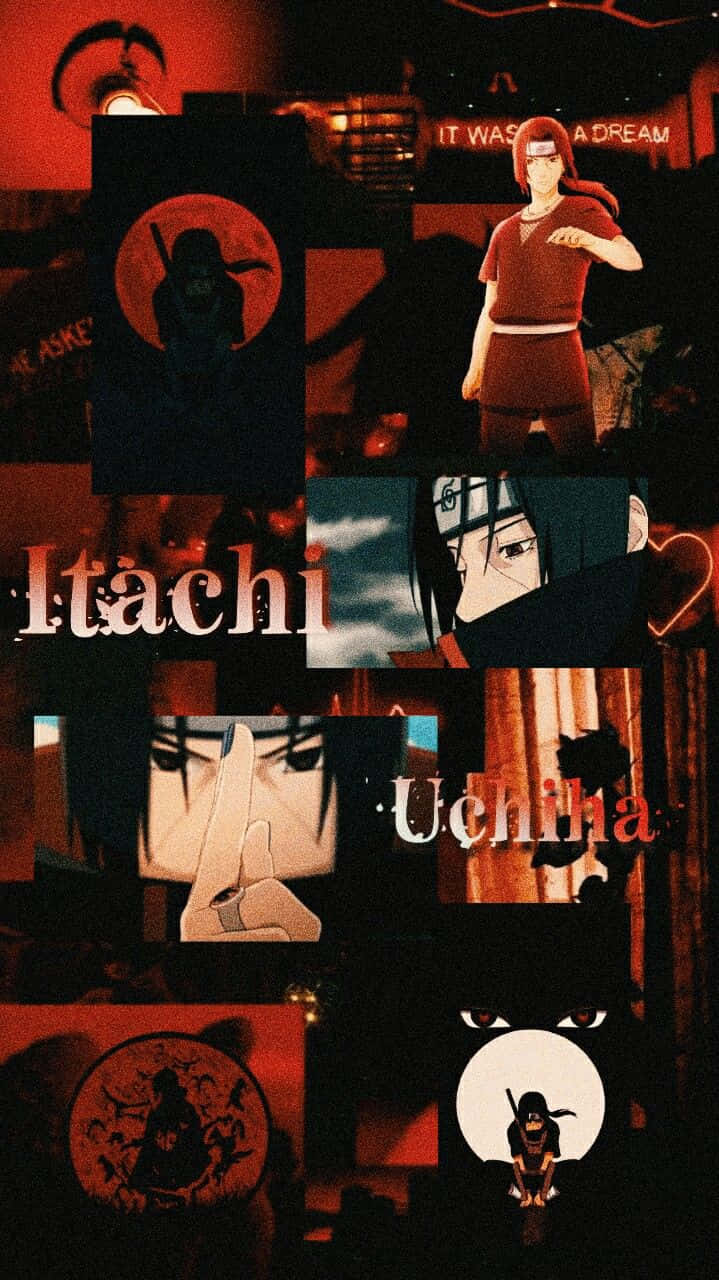 Jutsu 桌布 壁紙 — 一幅暗紅色調的動漫拼貼畫， featuring 宇智波鼬以各種戲劇性姿勢和象徵性圖像呈現。