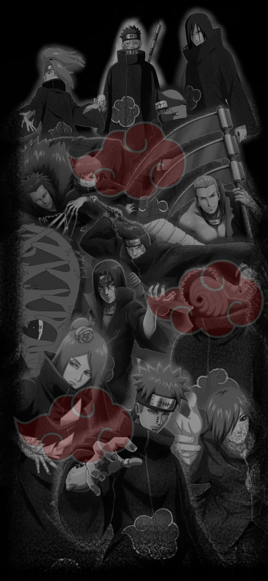 Akatsuki Poster 桌布 壁紙 — 一幅暗色單色拼貼畫，描繪來自曉的動漫角色，紅色雲朵符號飄浮在場景中。