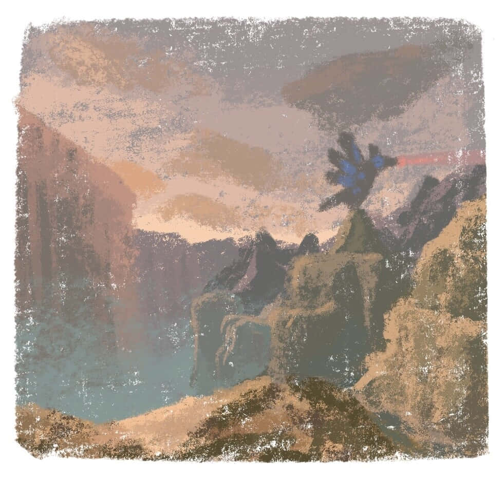 Botw 桌布 壁紙 — 一幅有紋理的數位畫作，描繪一隻孤獨的藍色鳥兒棲息在岩石懸崖上，俯瞰著黃昏時平靜的藍綠色湖泊。