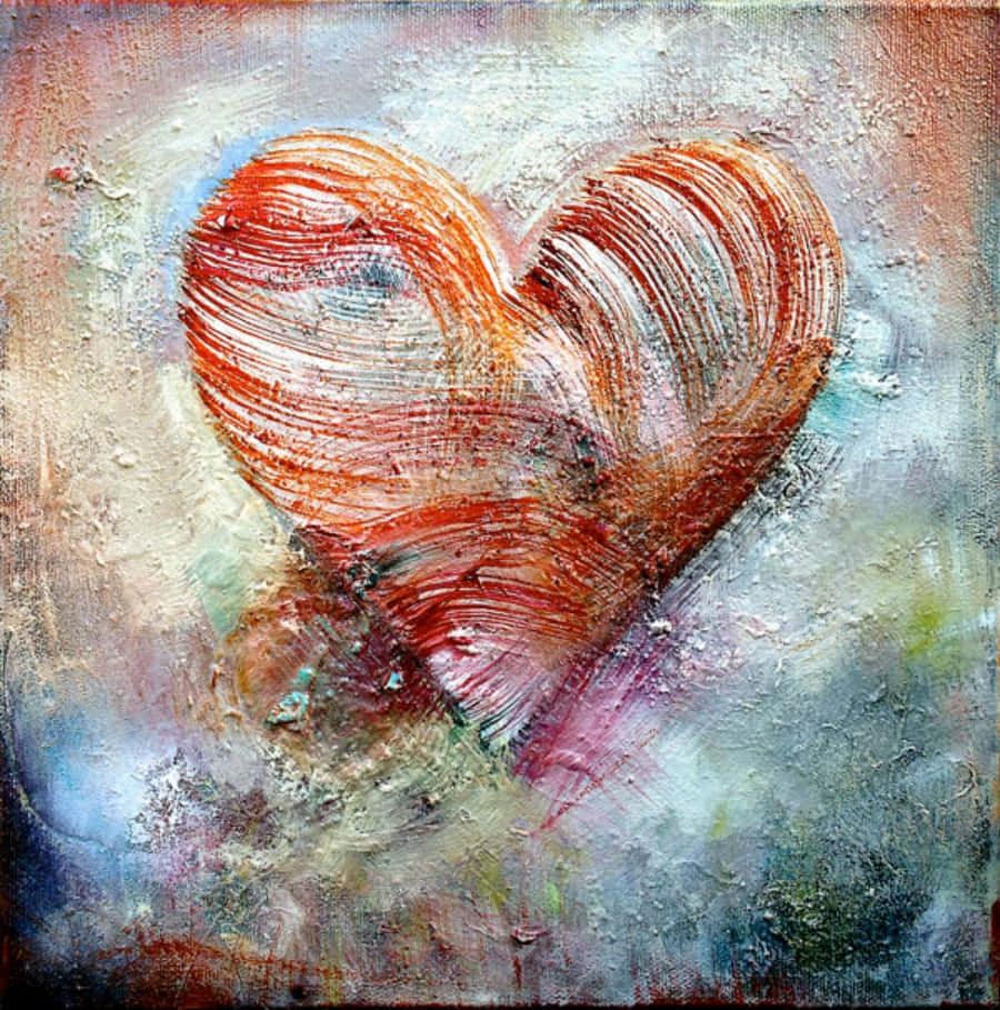 Heart Art 桌布 壁紙 — 一幅有紋理的油畫，描繪一顆鮮紅的心，筆觸可見，背景為柔和的抽象風格。