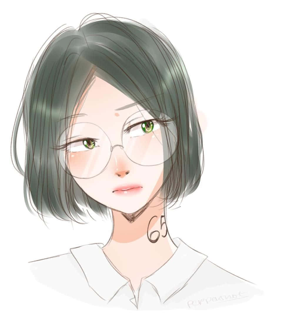 The Promised Neverland Gilda 桌布 壁紙 — 一幅柔和動漫風格肖像，描繪一位短黑髮、綠眼睛、戴圓框眼鏡、身穿白色有領襯衫的年輕女性。