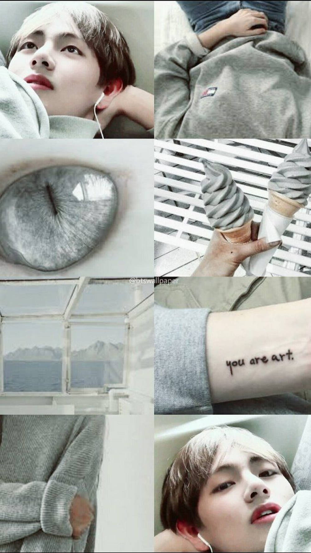 Kpop Aesthetic 桌布 壁紙 — 一幅柔和灰色調的拼貼畫，展示穿著連帽衫的人、雪糕、紋身和透過窗戶看到的山景。