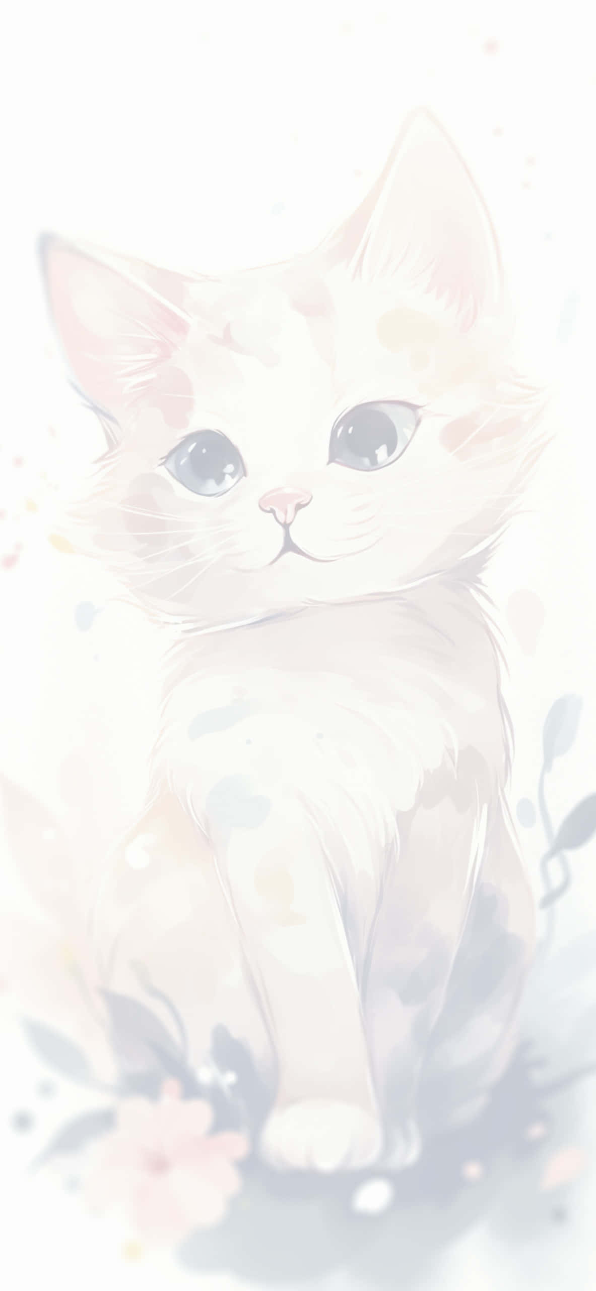 Kawaii Art 桌布 壁紙 — 一幅柔和的水彩插畫，描繪一隻 fluffy 白色小貓，有著大大的藍色眼睛，坐在柔和的粉彩花卉點綴中。