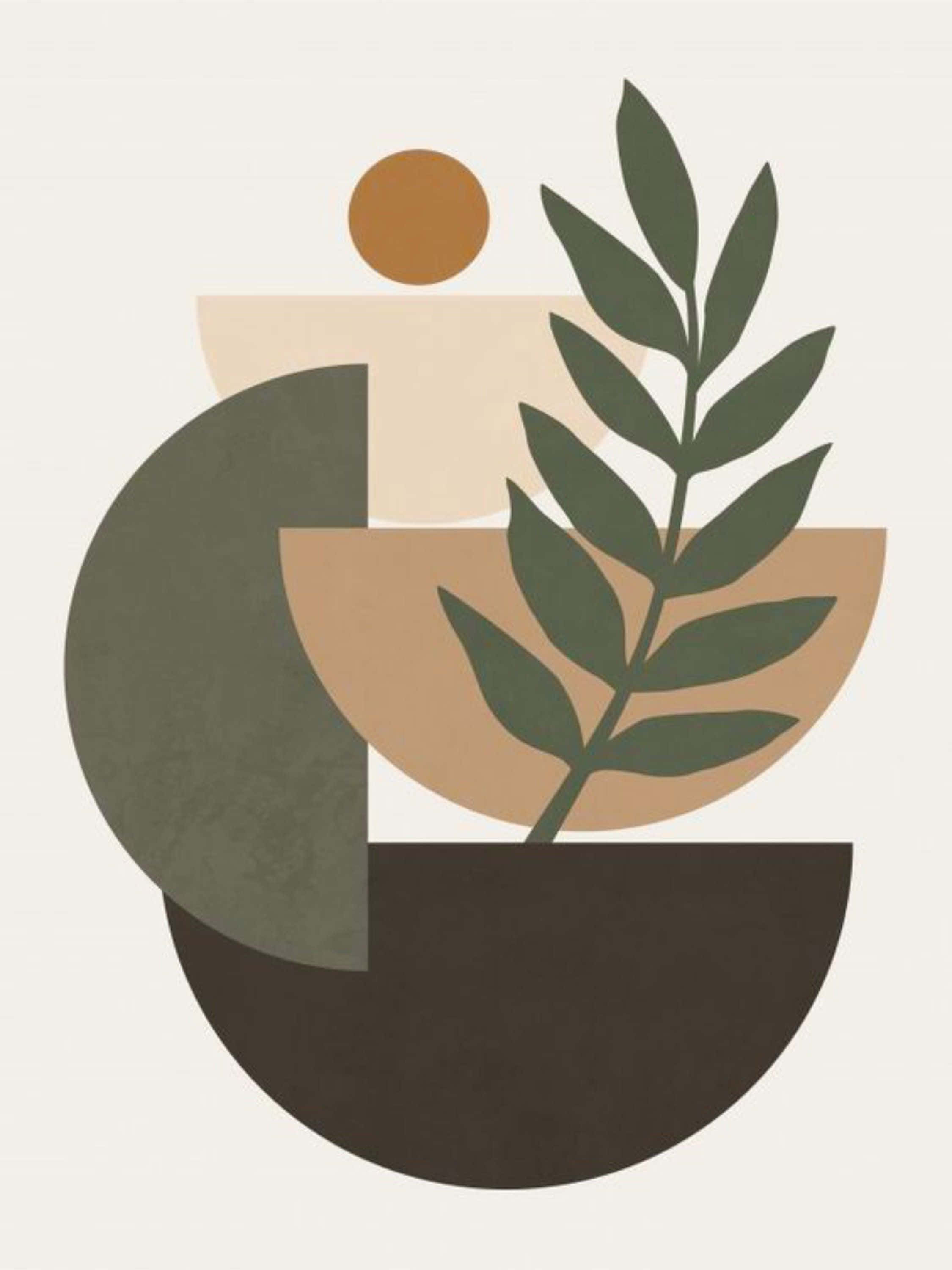 Minimalist Painting 桌布 壁紙 — 一幅極簡抽象構圖，以淺色背景為襯，幾何大地色調的形狀中長出一條翠綠的樹枝。