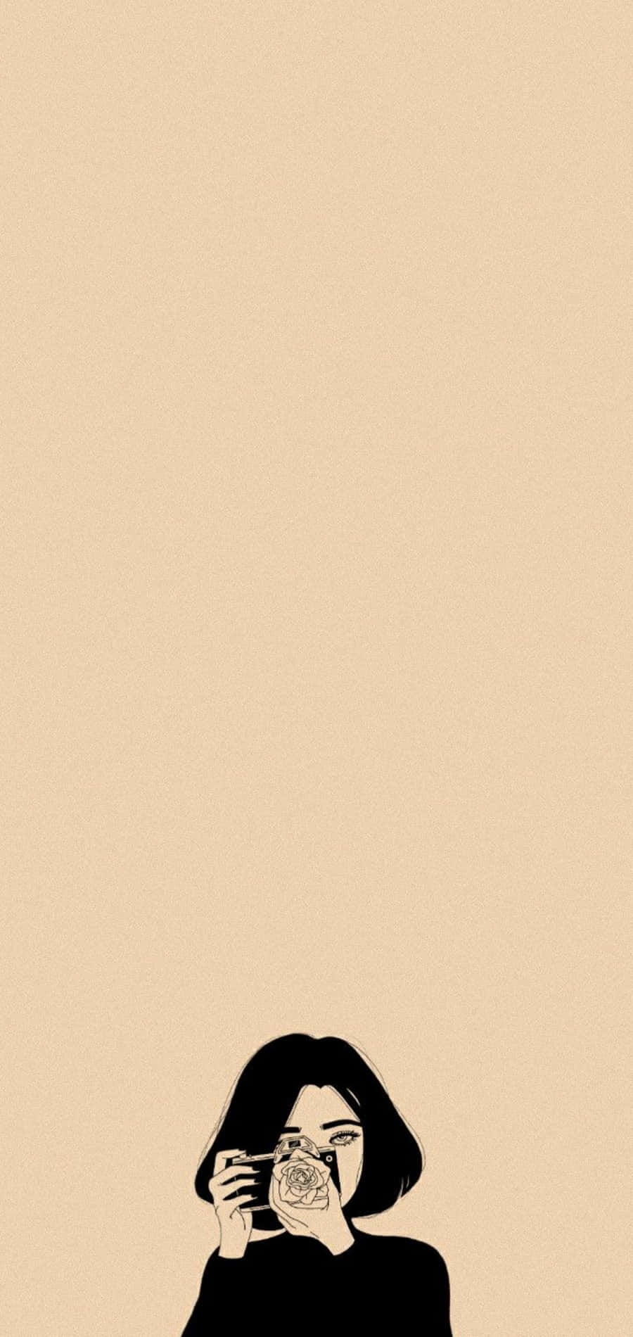 Korean Beige Aesthetic 桌布 壁紙 — 一幅極簡插畫，描繪一位短髮女性手持玫瑰輕觸嘴唇，背景為米色。