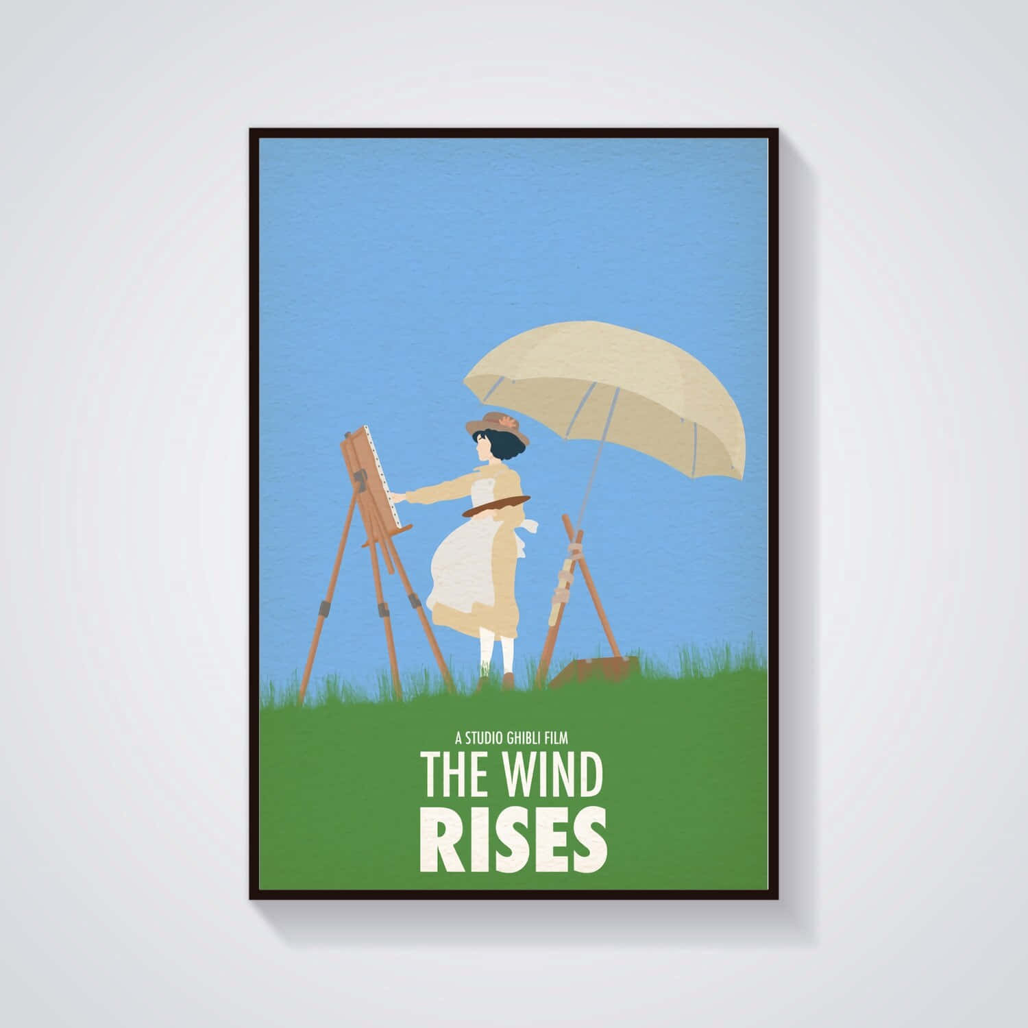 The Wind Rises 桌布 壁紙 — 一幅極簡插畫海報展示一位戴帽子的女士在藍天下草地上遮陽傘下繪畫。