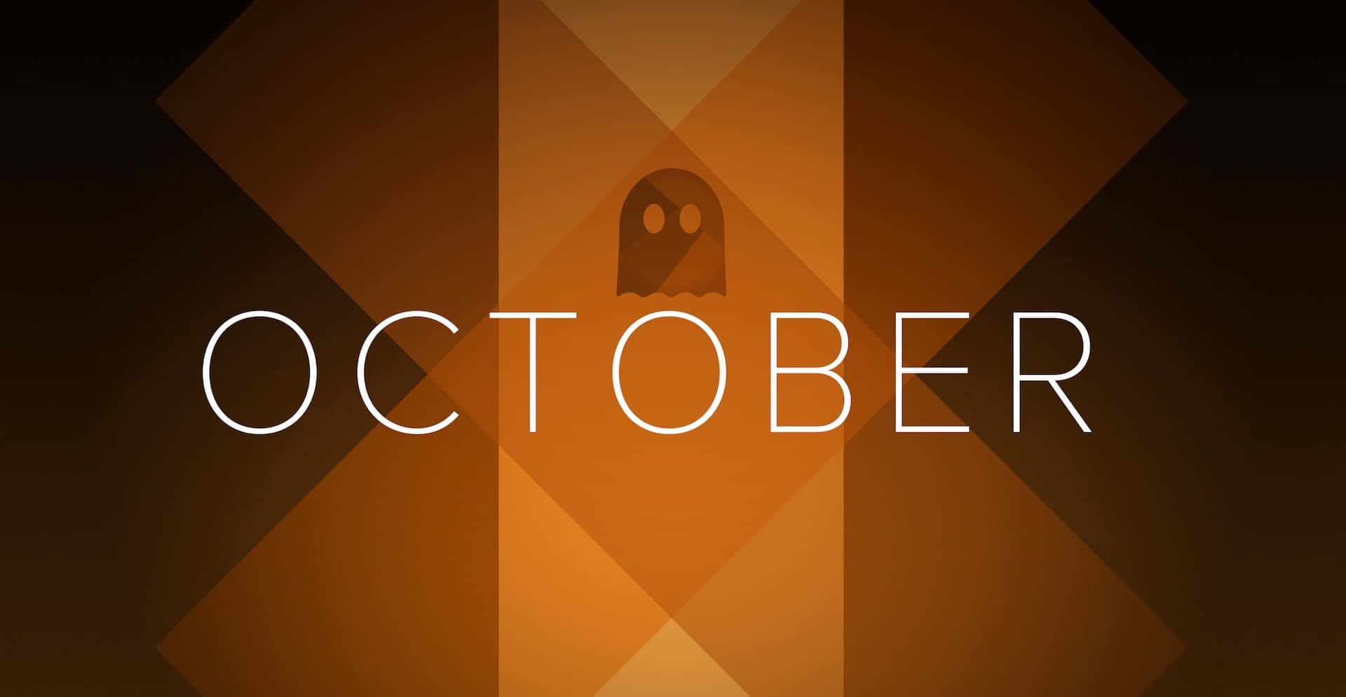 October Desktop 桌布 壁紙 — 一幅極簡數位藝術作品，以白色文字呈現 October 一詞，置於溫暖的幾何形狀之上，上方有一個小鬼魂圖示。