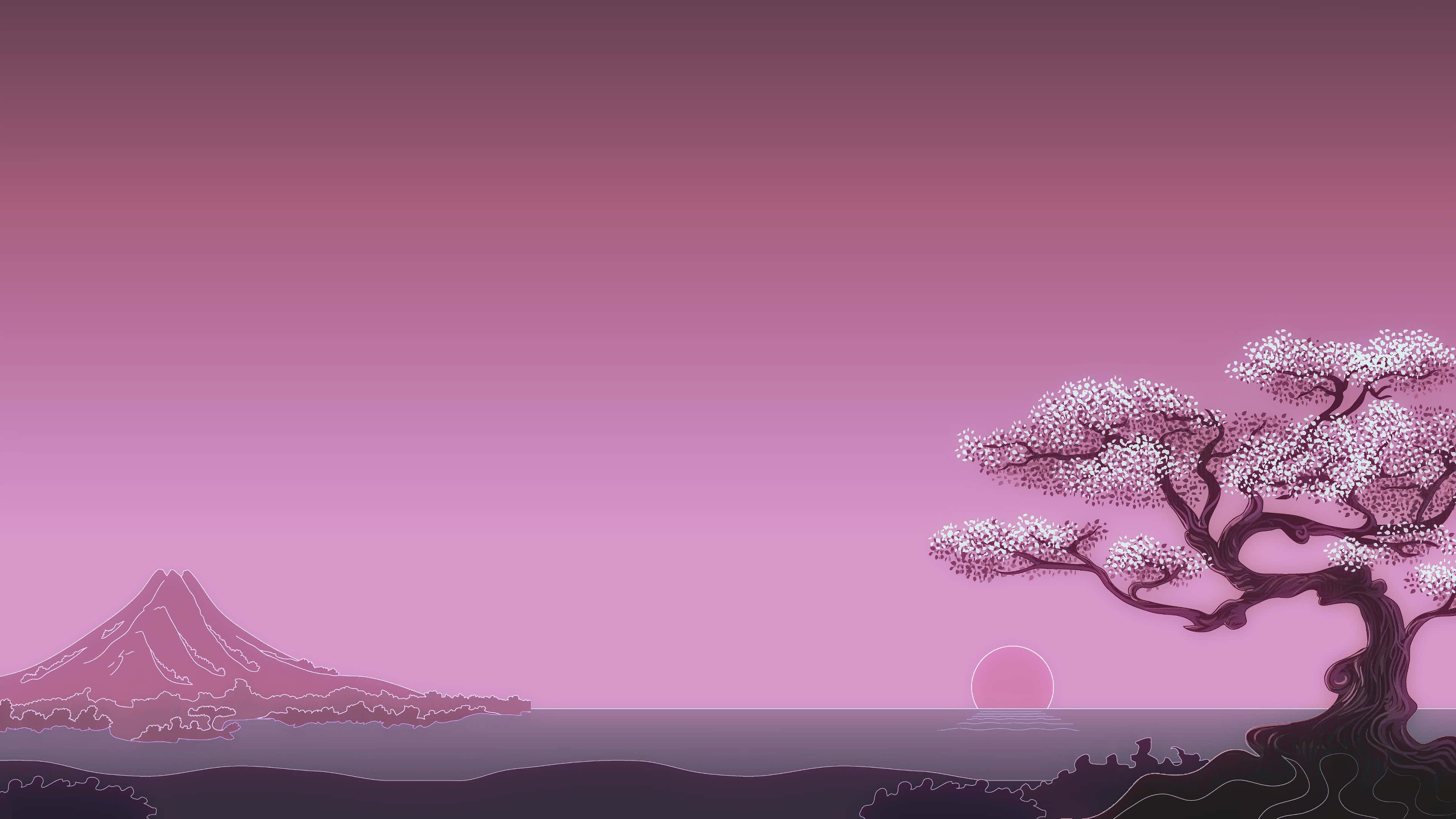 Minimal Art 桌布 壁紙 — 一幅極簡數碼藝術場景，描繪櫻花樹旁有山，背景是漸變粉紅色的日落天空。