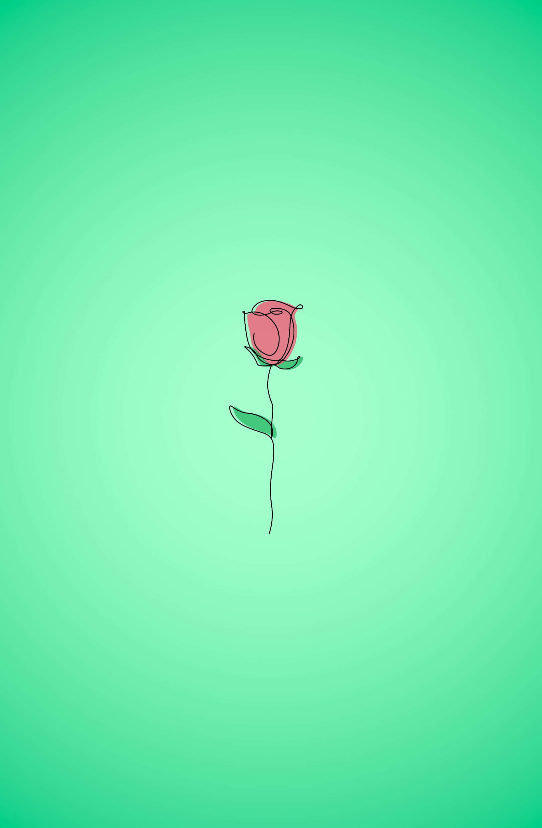 Kawaii Flower 桌布 壁紙 — 一幅極簡線條畫，描繪一朵帶綠葉的粉紅玫瑰，背景為漸變薄荷綠色。
