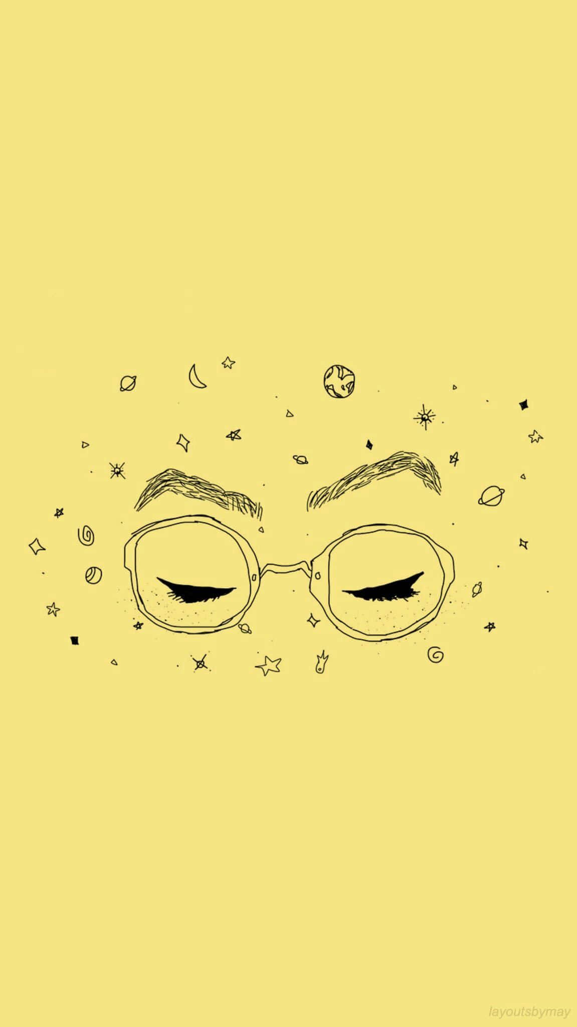 美學黃色 桌布 壁紙 — 一幅極簡線條畫，描繪戴眼鏡的閉眼，周圍環繞著宇宙塗鴉，背景為純黃色。